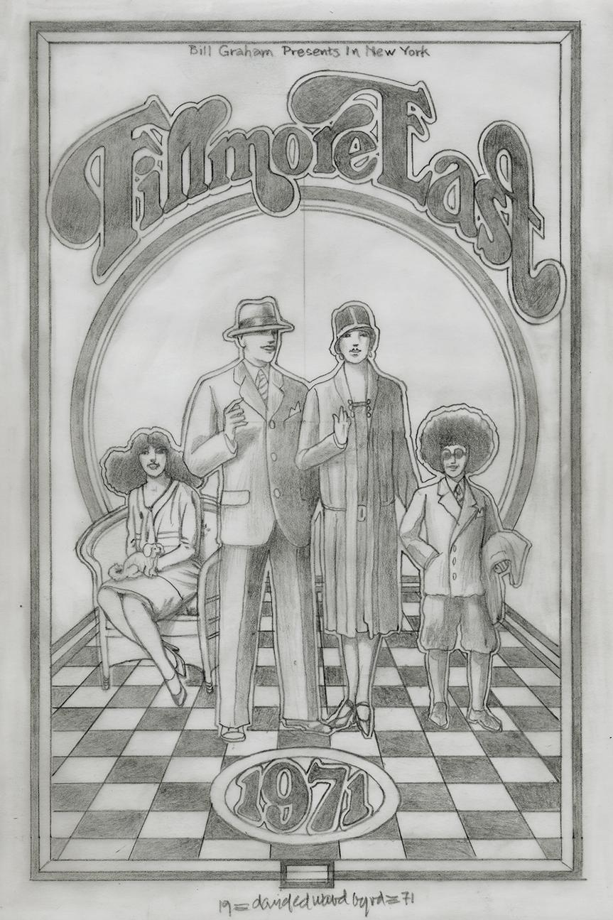 Original 1971 Fillmore East program cover pencil drawing Rock and Roll