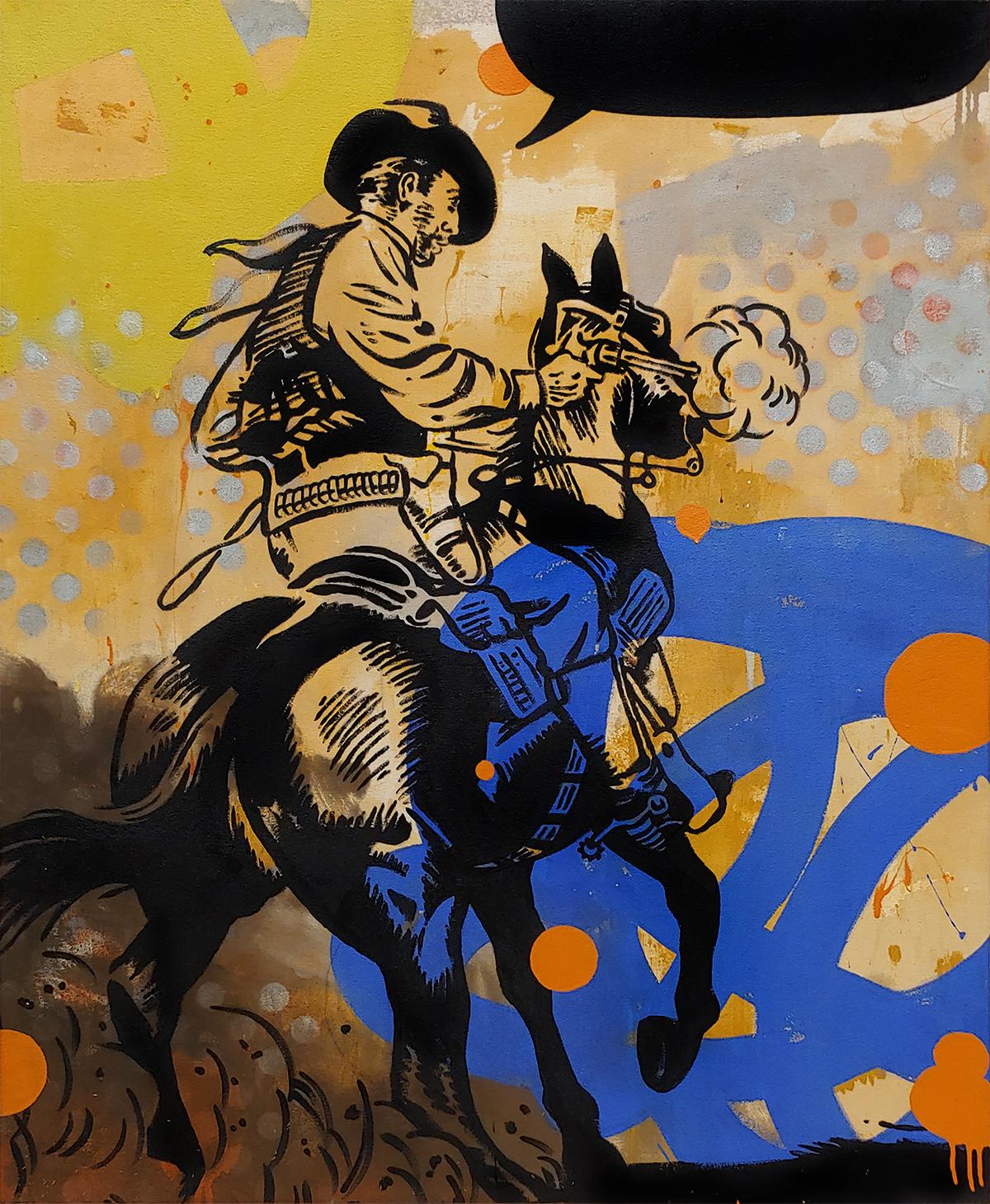 Wir freuen uns, Ihnen mitteilen zu können, dass wir nun die Pop Art Cowboy- und Cowgirl-Gemälde des Künstlers Matt Straub vertreten.  Wir in der Galerie sind seit mehr als einem Jahrzehnt von den Pop-Western-Gemälden von Straub begeistert und freuen