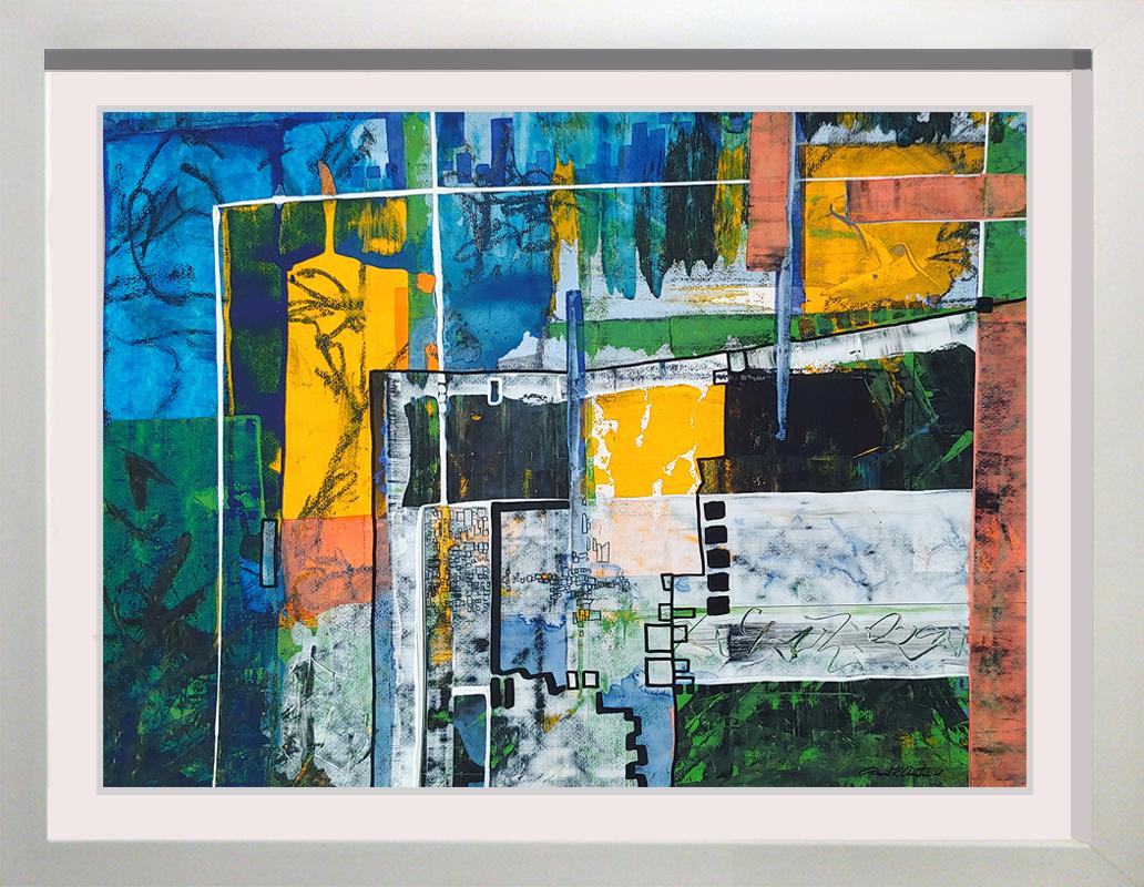 Landscape Painting David K. Austin - ""Cityscape Remains" 29x37" Peinture acrylique encadrée avec fusain et pastels