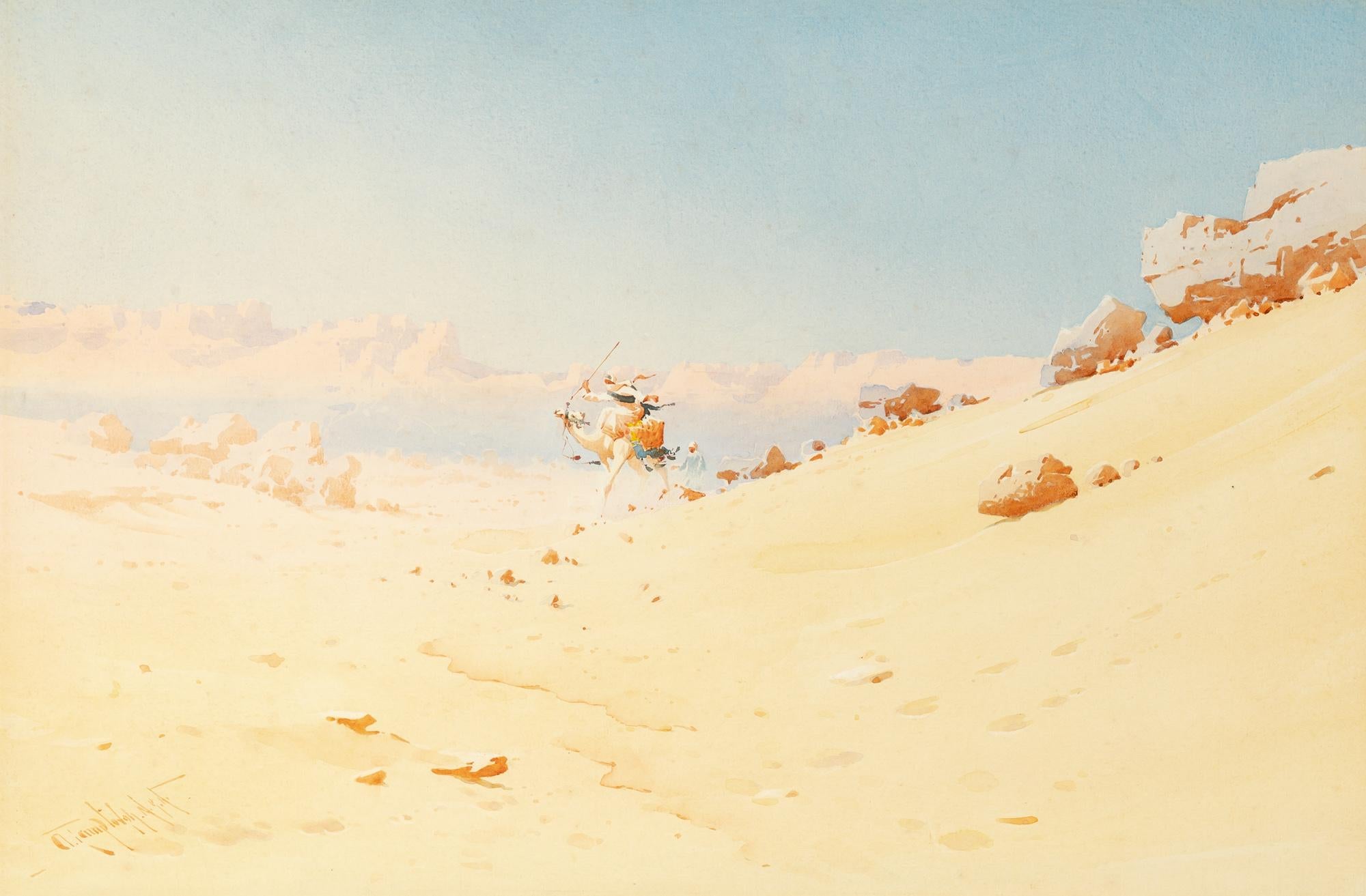 Augustus Osborne Lamplough R.W.S. Landscape Art - AN EXTENSIVE DESERT LANDSCAPE WITH A WARRIOR ON CAMELBACK