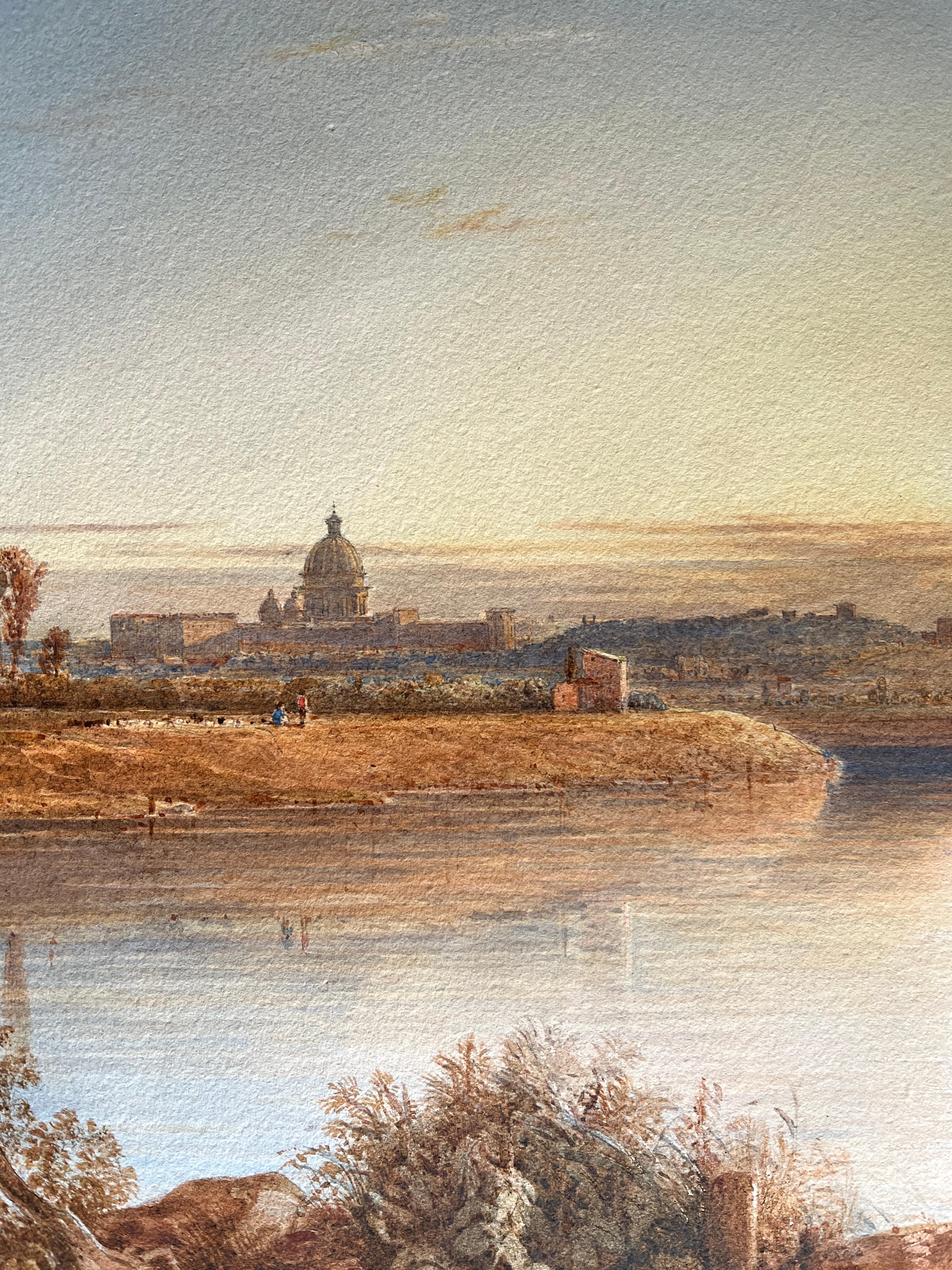 ANDREW WILSON (1780-1848)
UNE VUE DU COUCHER DE SOLEIL SUR LE TIBER, EN DIRECTION DE MONTE MARIO, ST PETER'S ET ROME
Signé et daté à droite. Andrew Wilson / 18 35 [peut-être 18 33] Andrew Wilson / 18 35 [peut-être 18 33]
Aquarelle et crayon, avec de