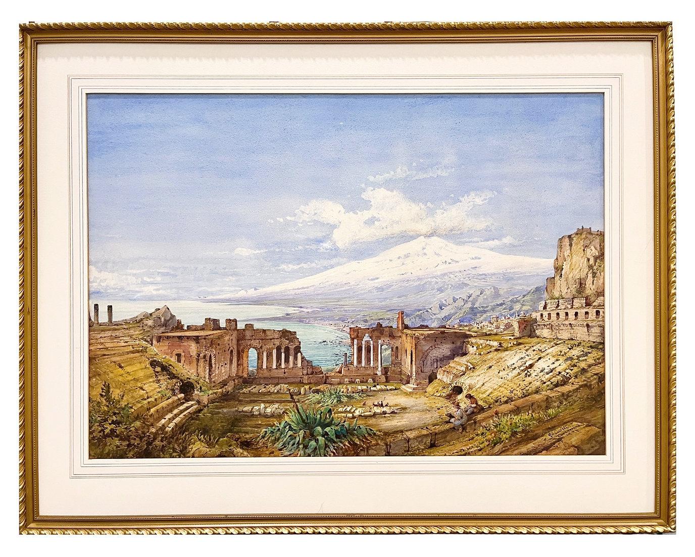 THE AMPHITHEATRE AT TAORMINA, WITH ETNA IN THE DISTANCE - Art by Gabriele Carelli