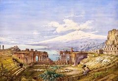 THE AMPHITHEATRE AT TAORMINA, WITH ETNA IN THE DISTANCE