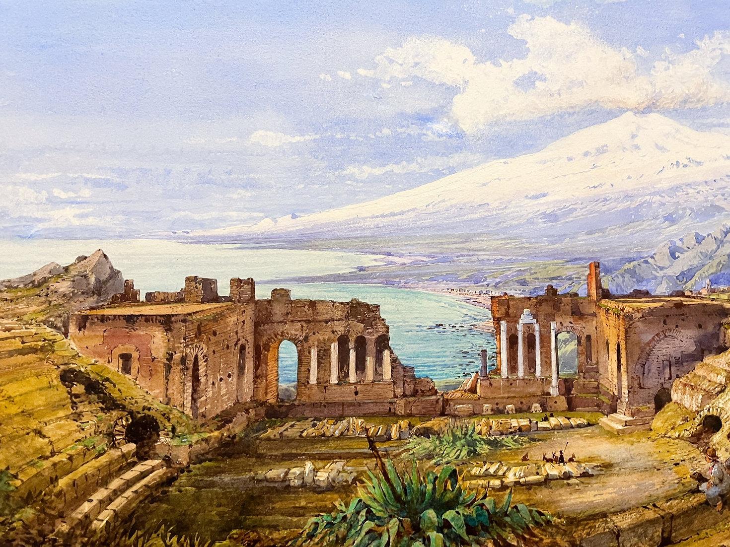GABRIELE CARELLI (1820-1900)
THE AMPHITHEATRE AT TAORMINA, WITH ETNA IN THE DISTANCE
Signed, titled & dated l.r. 1891
Watercolour
51 x 72 cm  72 x 91 cm [Framed]
 
Provenance:
Private Collection, U.K.
 
 
The archway to the right of the theatre