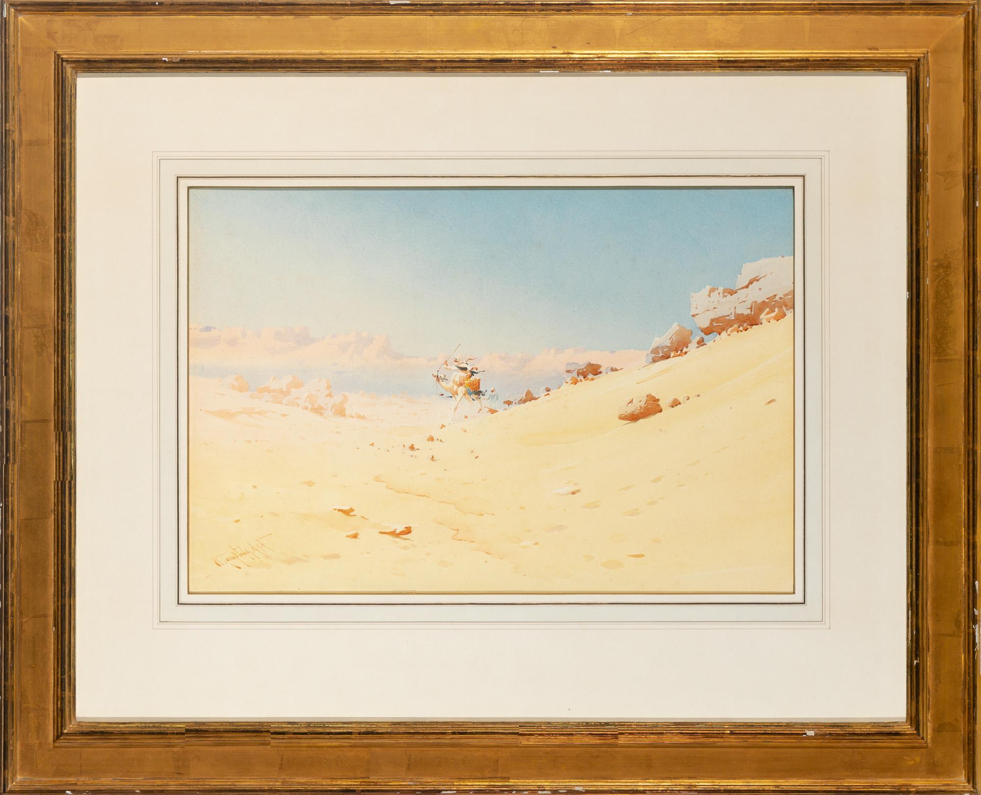 AN EXTENSIVE DESERT LANDSCAPE WITH A WARRIOR ON CAMELBACK - Art by Augustus Osborne Lamplough R.W.S.