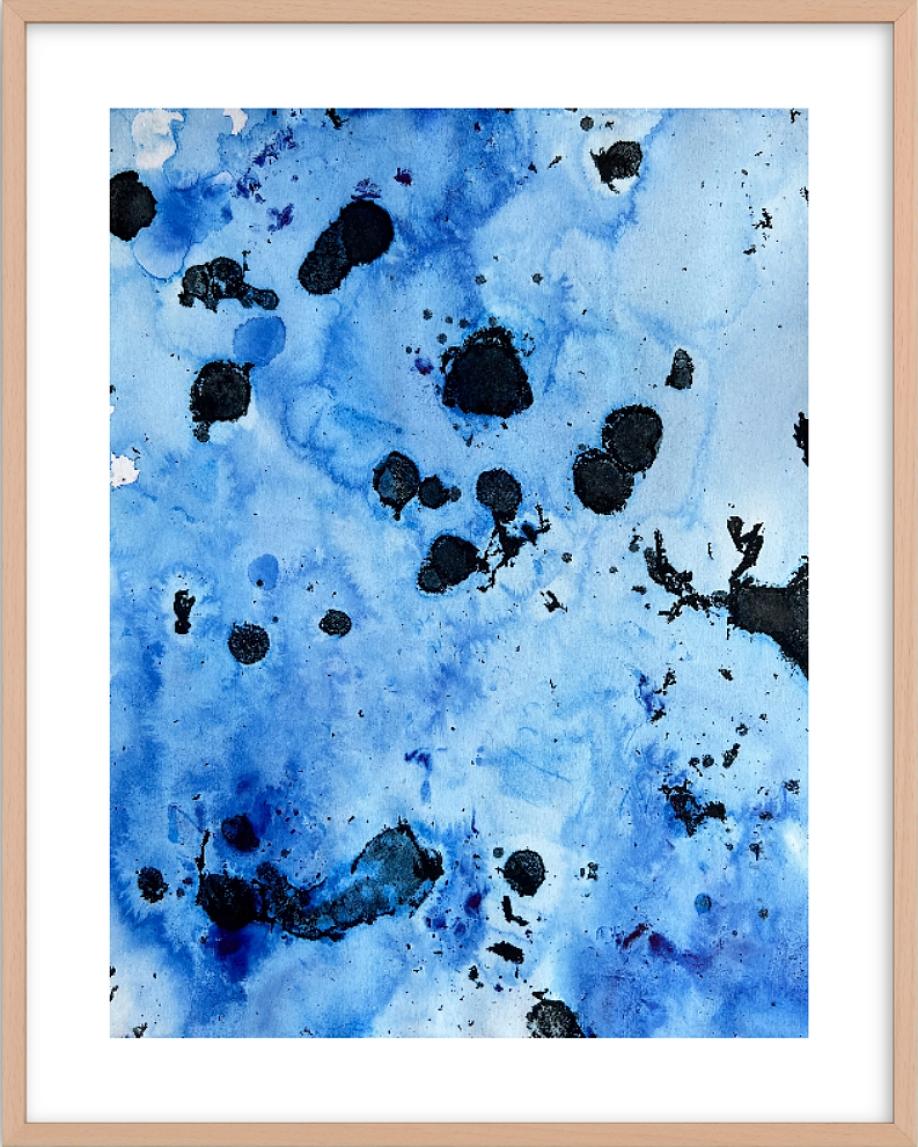 TUSET Abstract Drawing – Original-Tinte auf Papier, zeitgenössisches Gemälde, minimalistisch, Blaues Meer