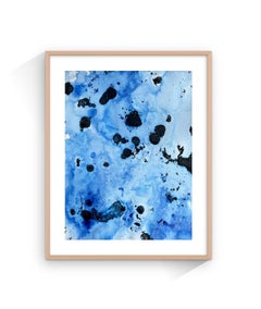 Encre sur papier d'origine, peinture contemporaine, mer bleue minimaliste