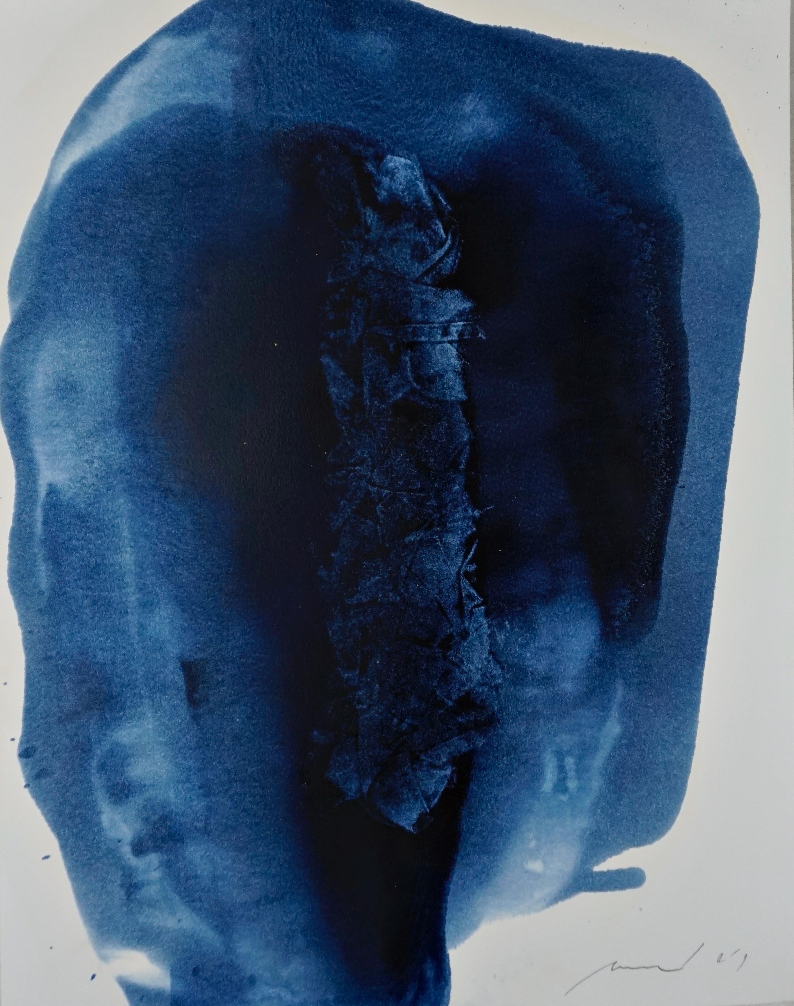 Luis Moscardó Landscape Painting – Öl auf Papier, Moscardó, "Seltsame Orte", Contemporary abstract painting, Blau