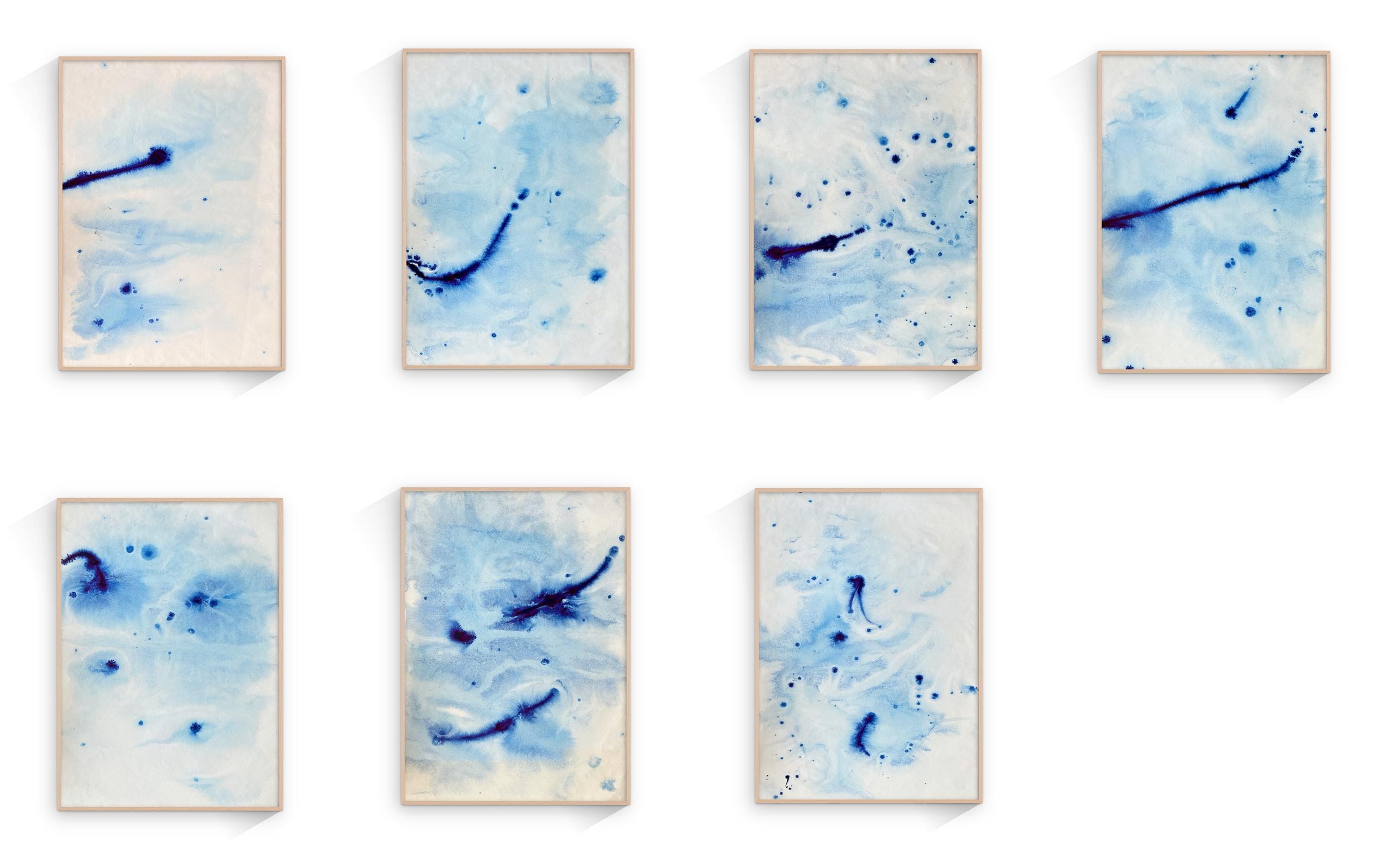 Waves de mer bleues méditerranéennes, peinture à l'encre faite à la main, Ripples Calming, édition limitée - Expressionnisme abstrait Painting par TUSET