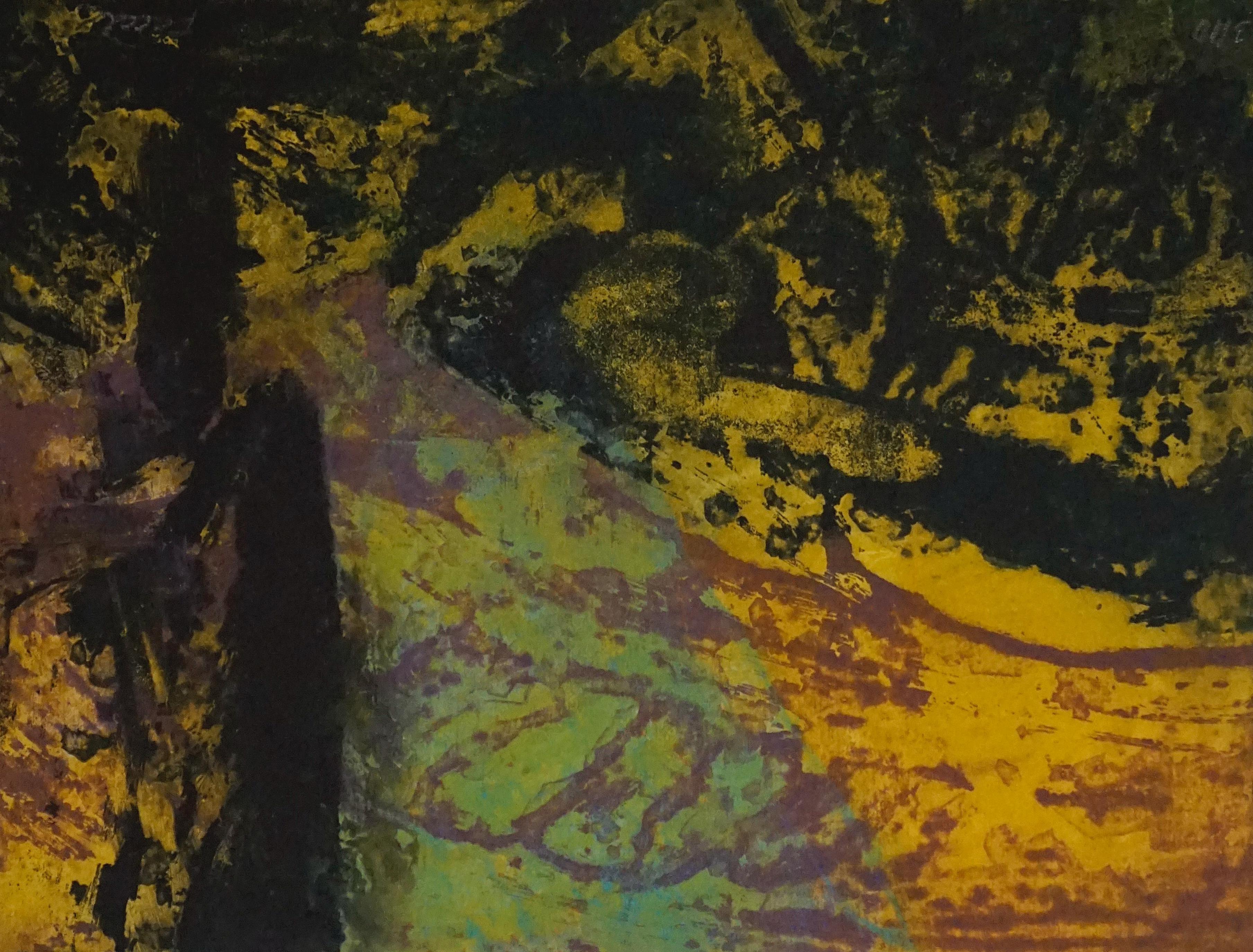 Manuel Facal Ponte Abstract Drawing – Manuel Facal, Radierung auf Papier, "Fondo V" (Original, 1985) Sonnenuntergang, Gelb, Grün
