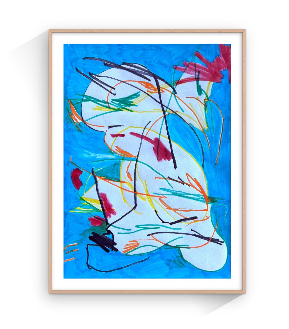 Picassos Taube, leuchtendes, farbenfrohes und minimalistisches Gemälde auf Papier – Painting von TUSET
