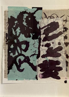 Framed acrylic drawing, ink on cotton rice paper, purple and blue writing
