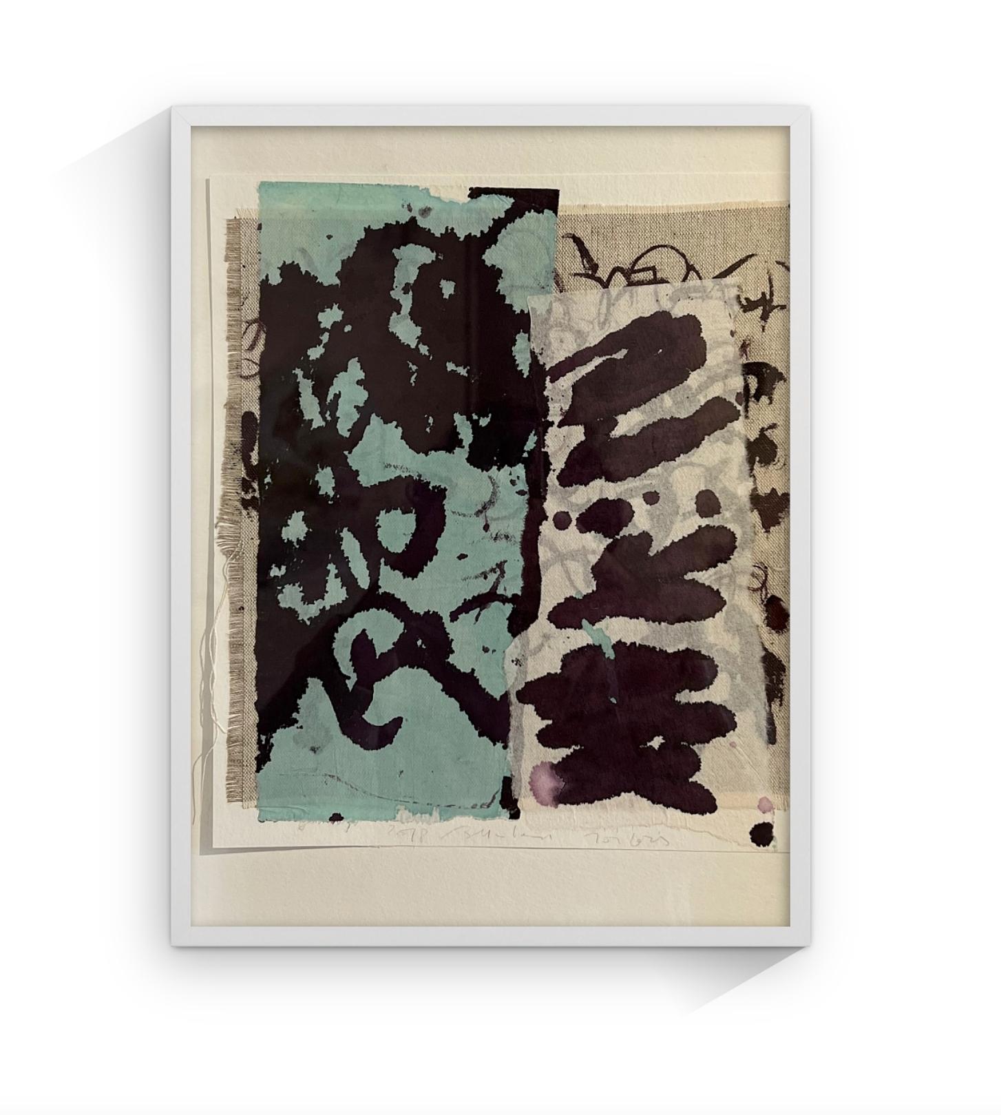 Dessin encadré à l'acrylique, encre sur papier de riz en coton, écriture violette et bleue - Art de Bénédicte Hubert Darbois