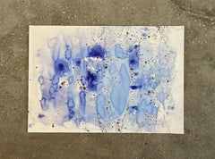 Large blue and black painting, landscape cartography, clouds and mountains