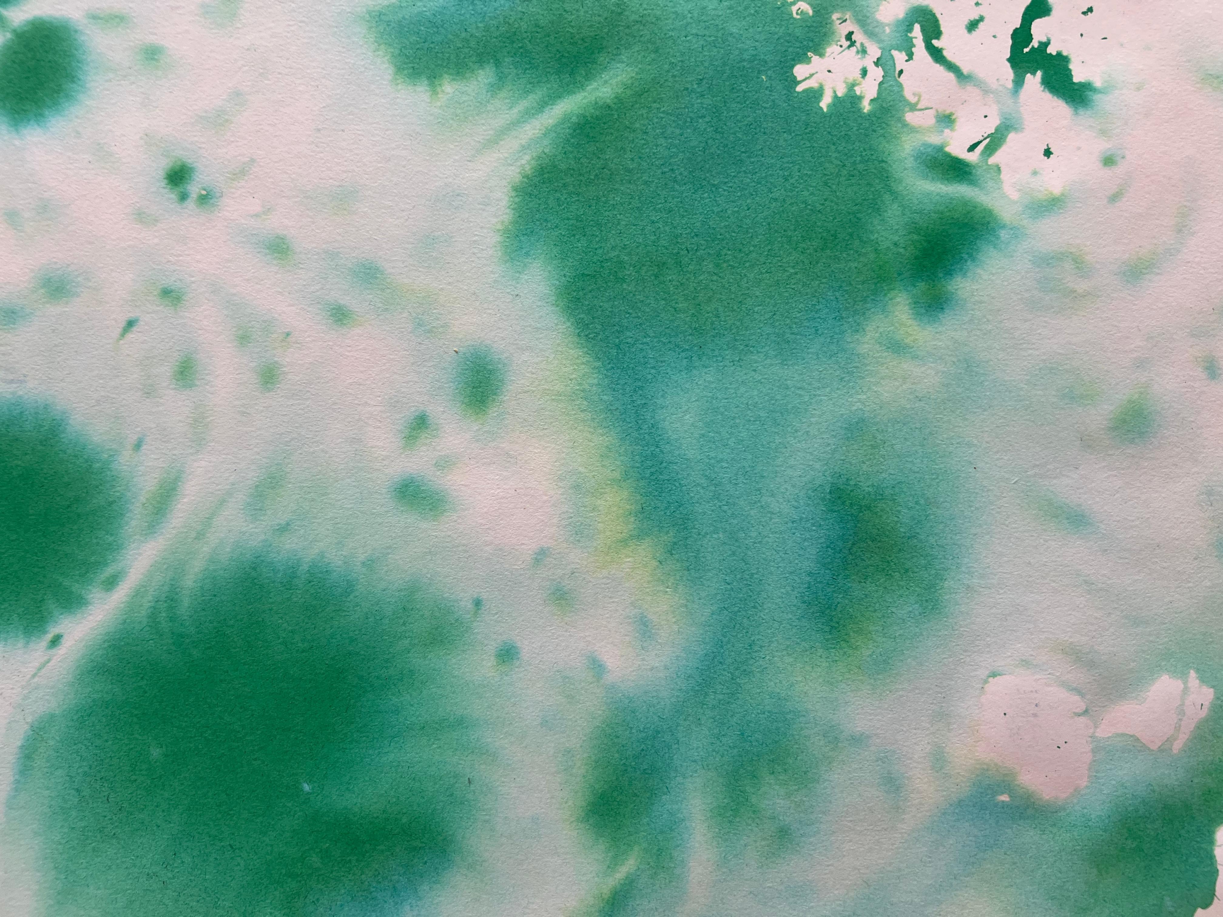 Pintura a tinta sobre papel con agua de mar, universo verde, textura de trazos infinitos en venta 3