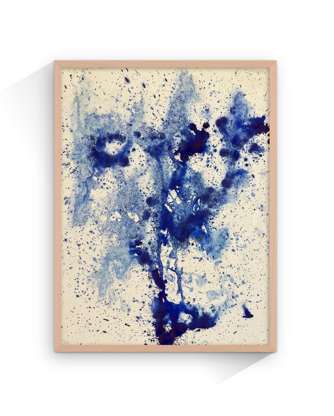 Inchiostro originale su carta, alghe astratte blu contemporanee, onde - Art di TUSET