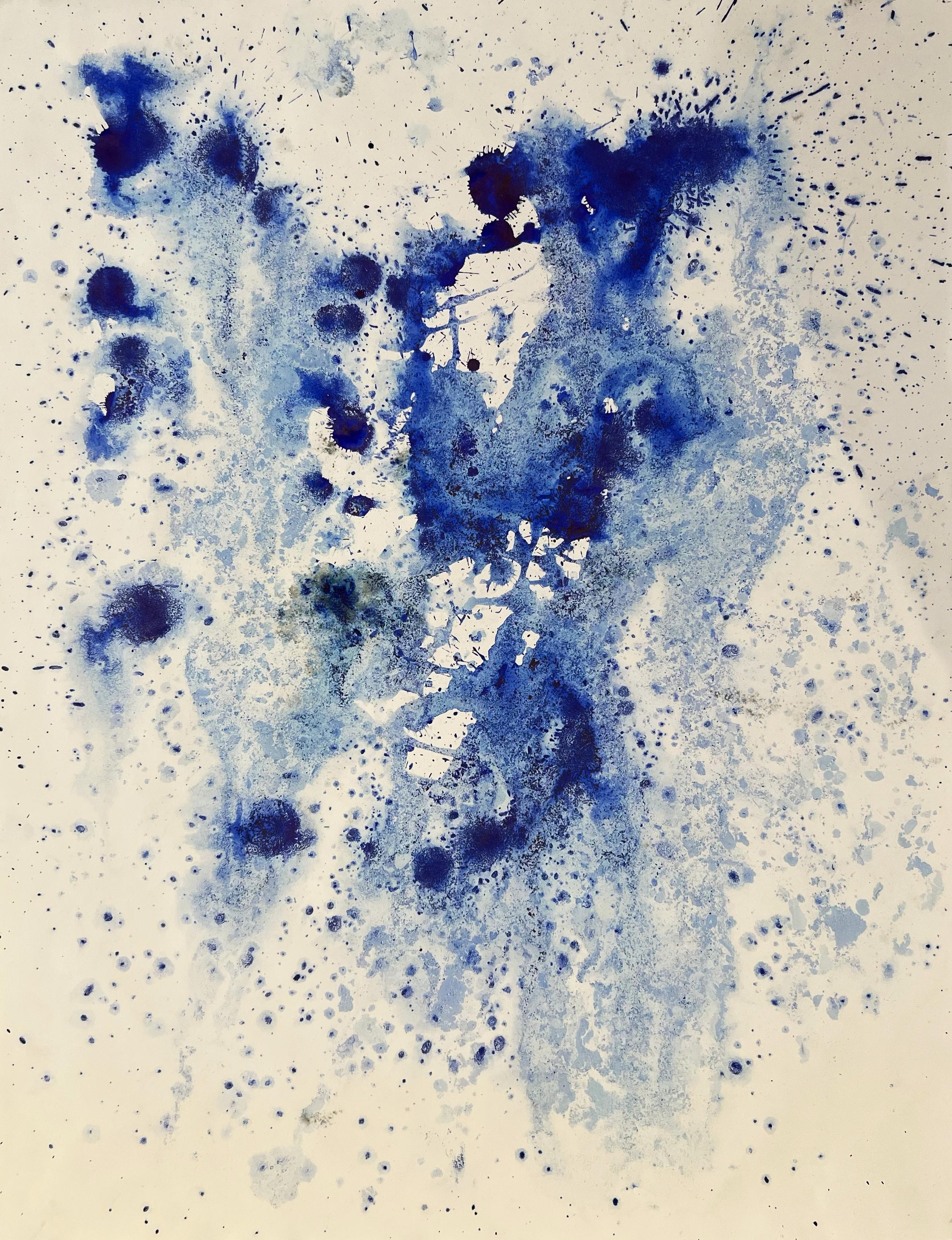 Pittura contemporanea blu su carta, Paesaggio marino, Alghe astratte
