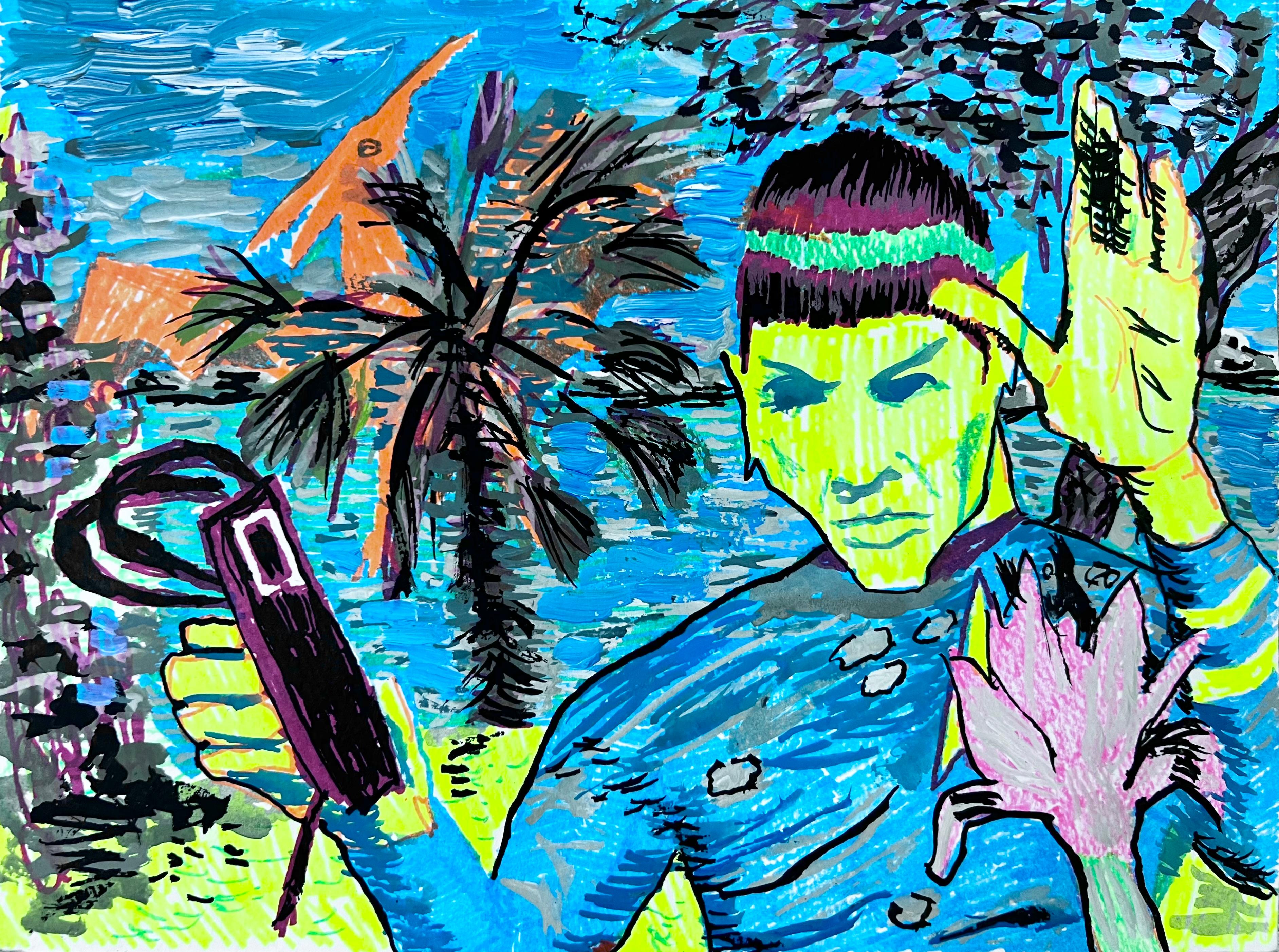 Beatriz Monteavaro Figurative Art – Spock auf venezianisch, Marker, Tinte, Gouache auf Papier, zeitgenössisch, figurativ