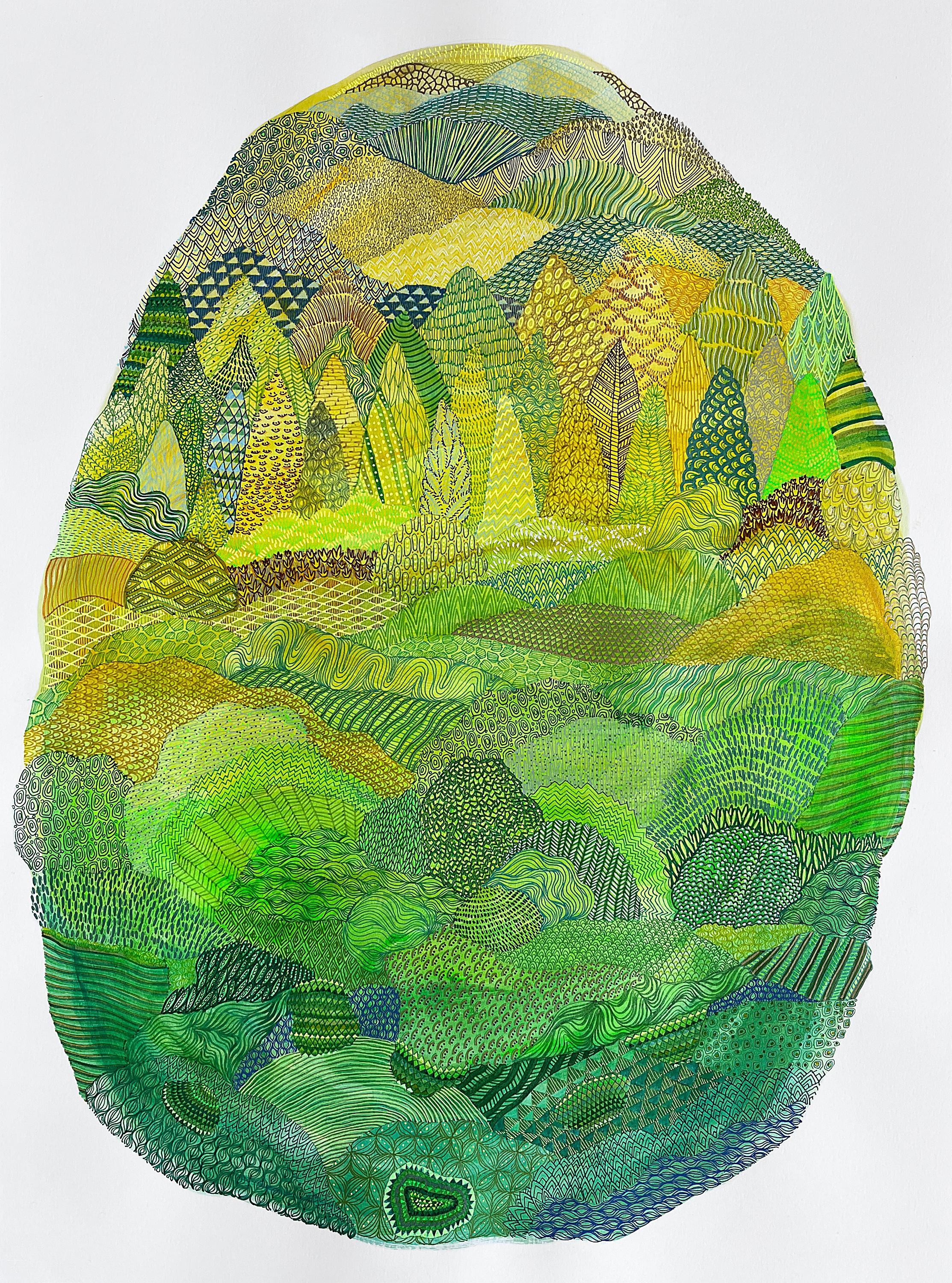 Sophia Allison Landscape Art – Untitled (Green Growth)", Marker, Stifte, zeitgenössische, abstrakte Zeichnung