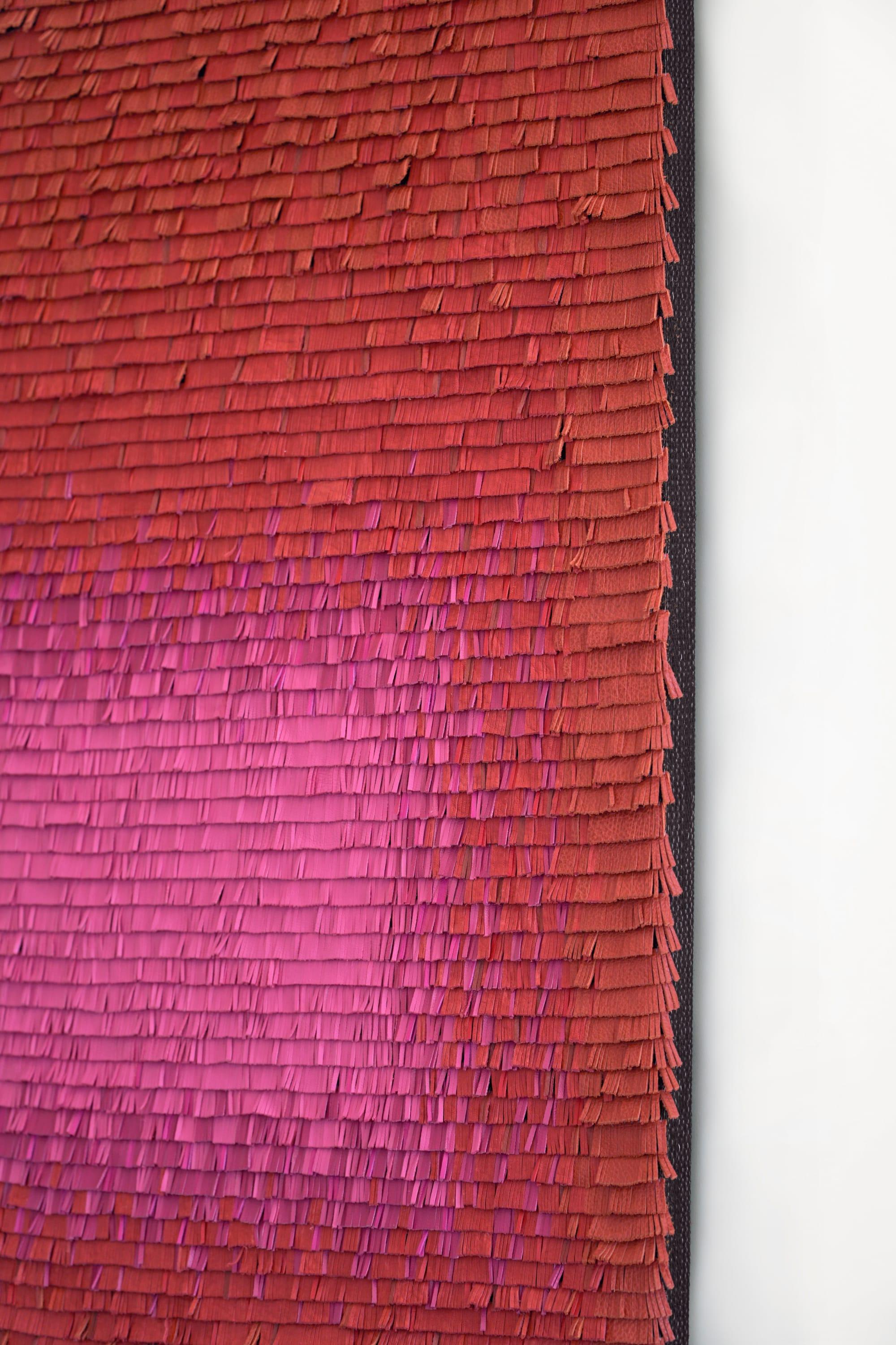 Leather woven artwork with red and pink color gradient - Abstract Art by Cécilia Lusven