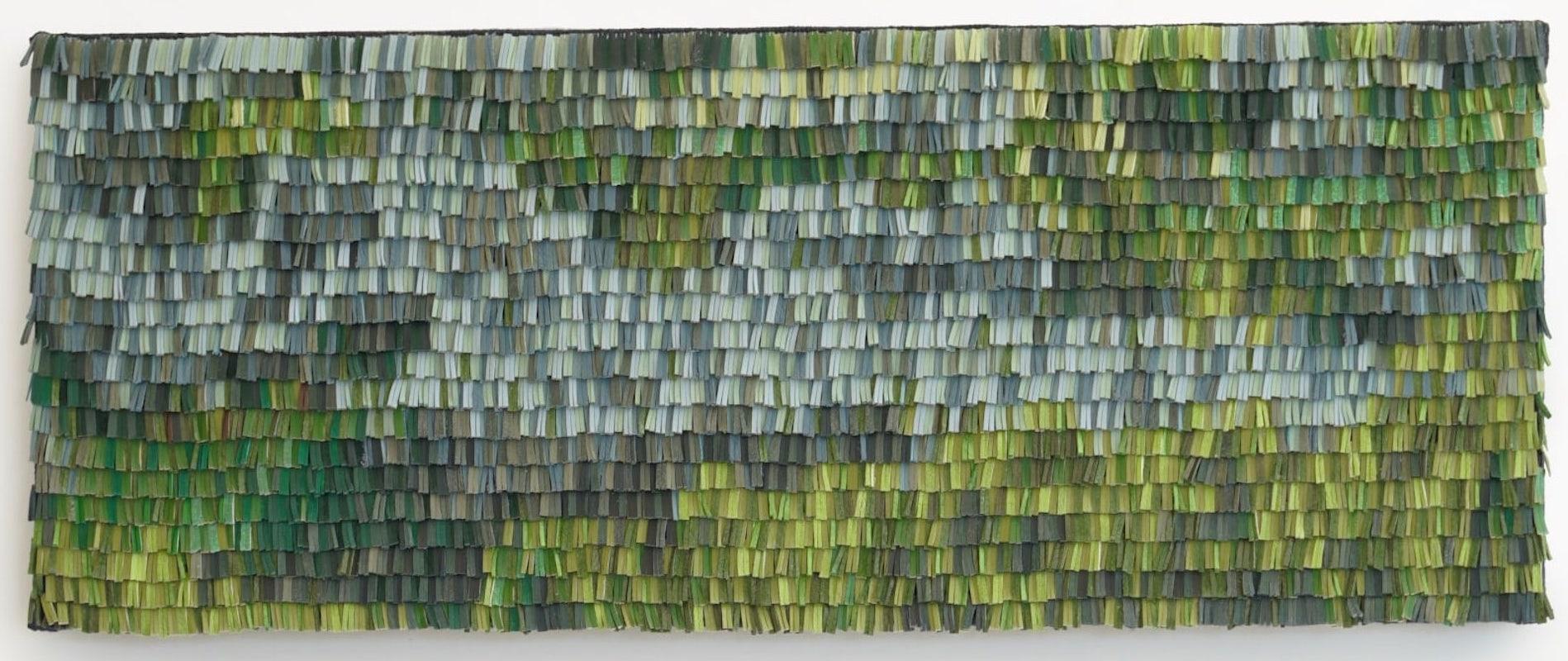 Leather woven artwork with green color gradient - Abstract Mixed Media Art by Cécilia Lusven