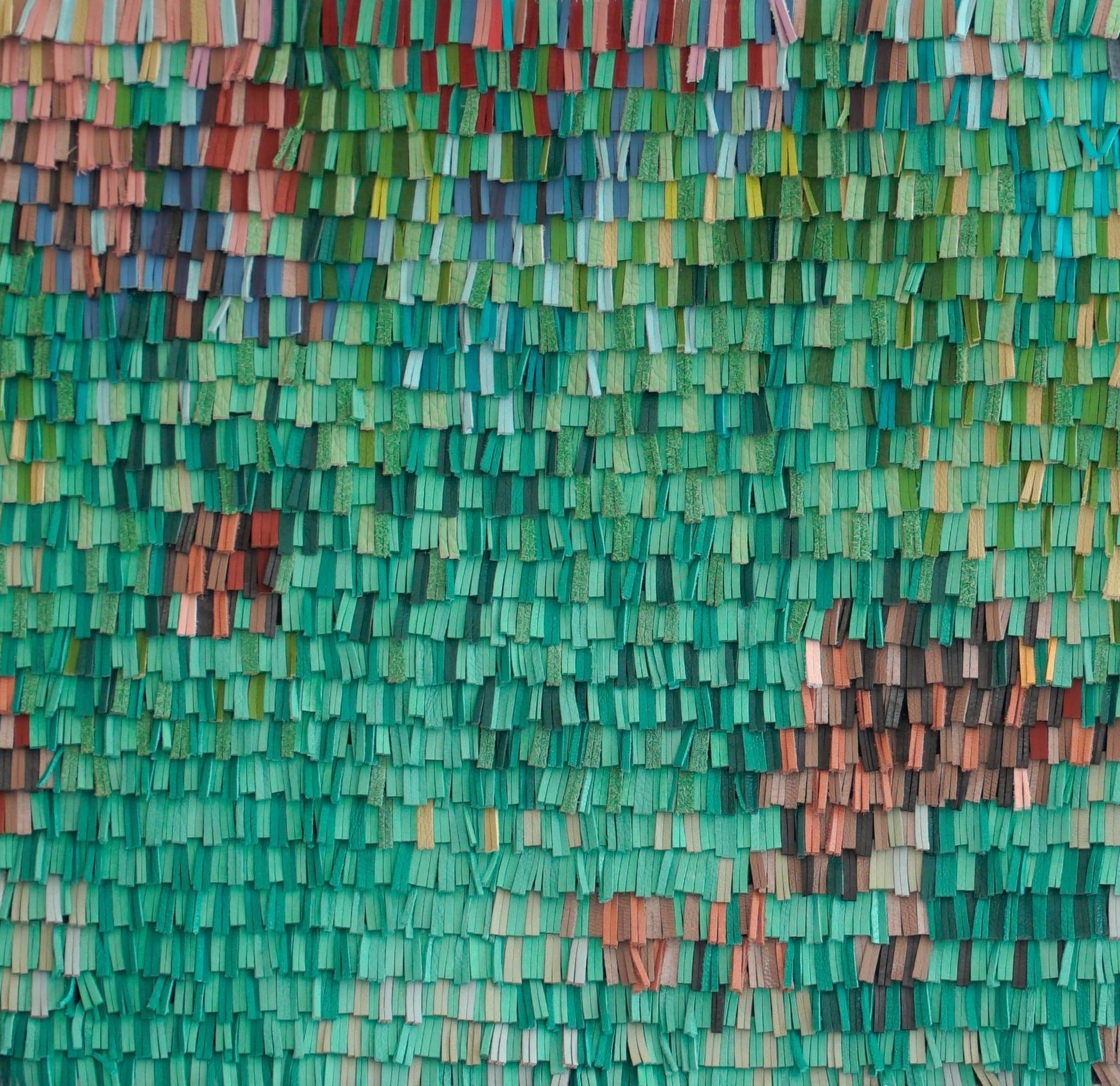 Leather woven artwork with turquoise color gradient - Abstract Mixed Media Art by Cécilia Lusven