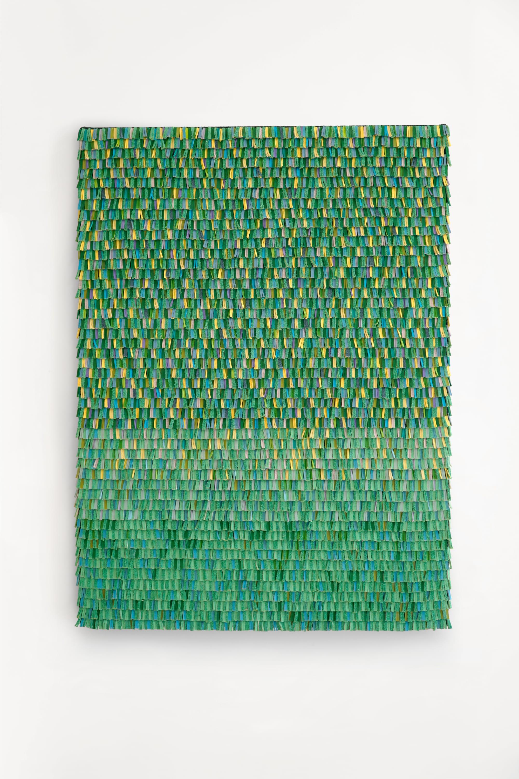 Leather woven artwork with green and yellow color gradient - Abstract Mixed Media Art by Cécilia Lusven