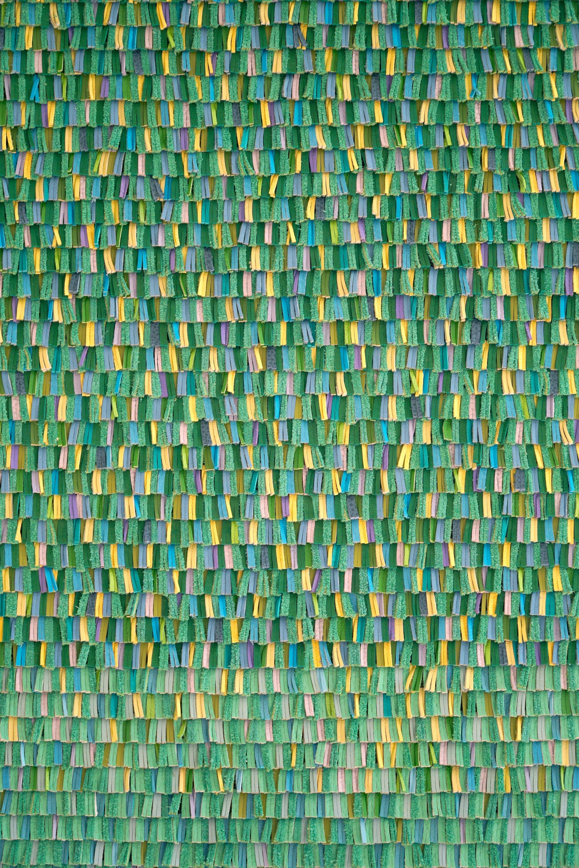 Leather woven artwork with green and yellow color gradient For Sale 1