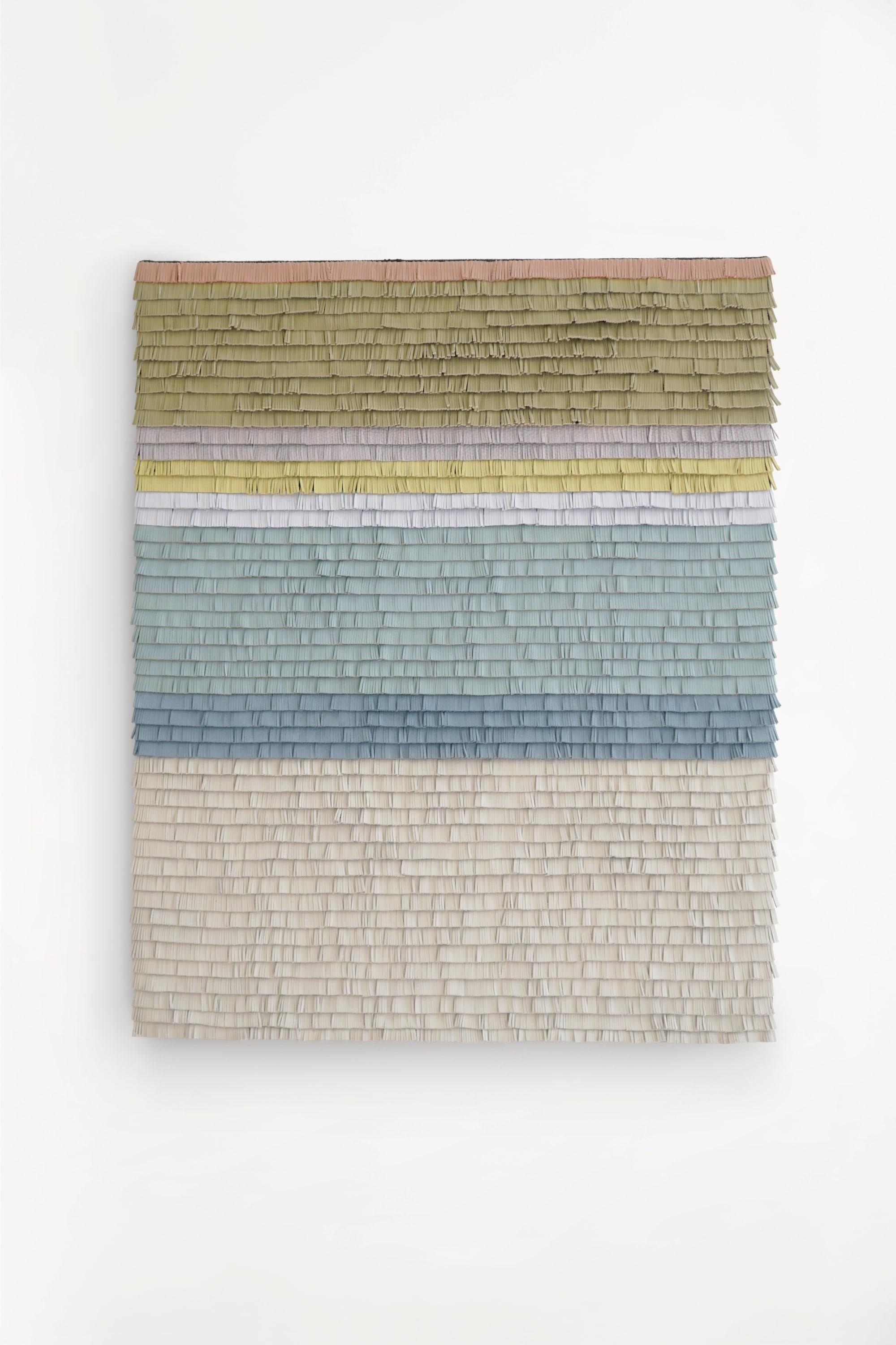 Leather woven artwork with sunset color gradient - Abstract Mixed Media Art by Cécilia Lusven