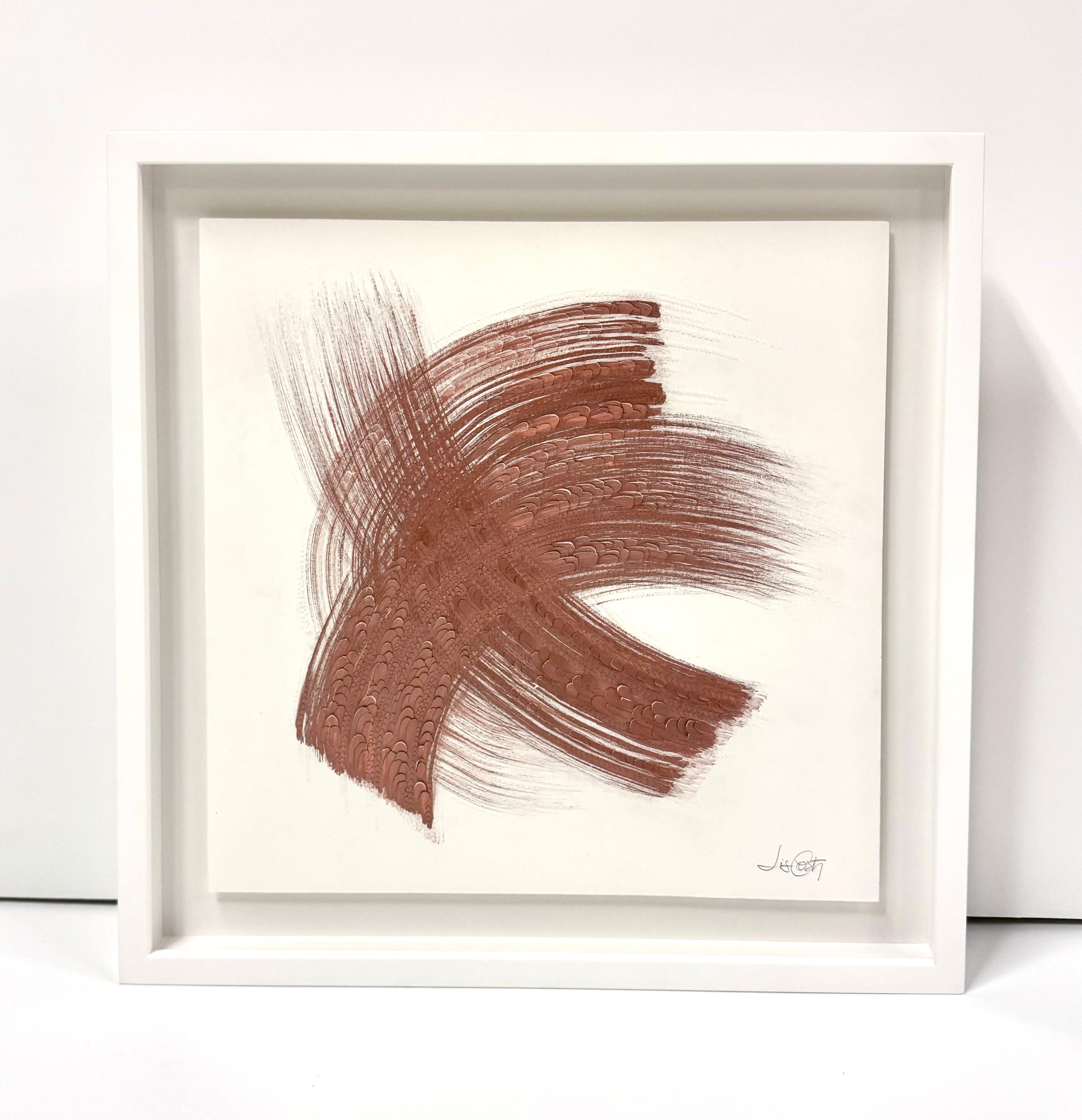 This abstract work by Lis Costa features copper pigment on sculpted cotton paper, in a white wooden frame with UV glass. 

Costa's unique style of sculpting paper begins with sheets of thick white paper made of 100% cotton. Using different sized