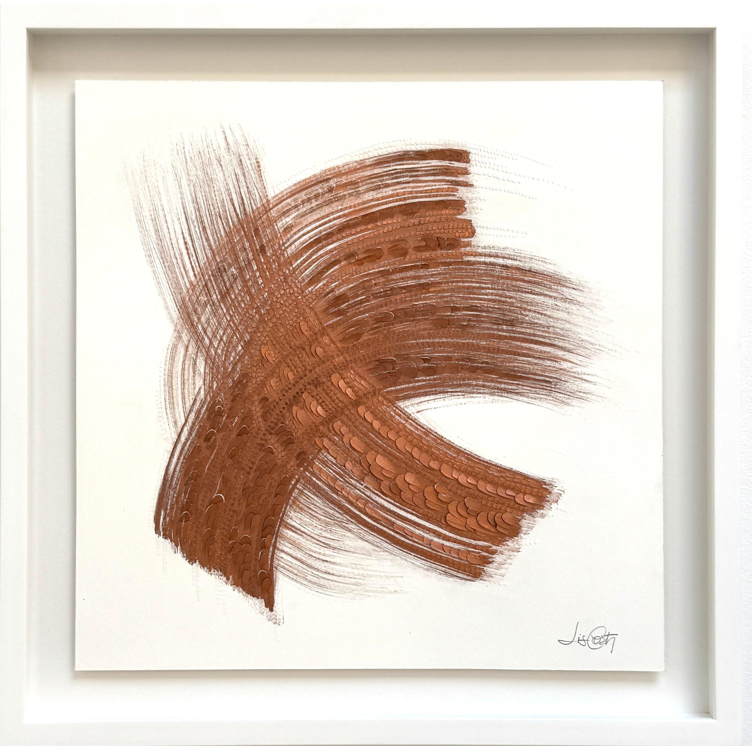This abstract work by Lis Costa features copper pigment on sculpted cotton paper, in a white wooden frame with UV glass. 

Costa's unique style of sculpting paper begins with sheets of thick white paper made of 100% cotton. Using different sized