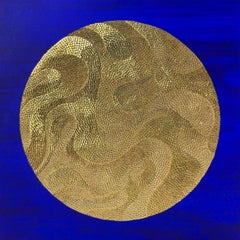 Framed Sculpted Cotton Paper with gold leaf on blue background "Gold Moon I"