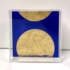 Paper Artwork, Abstract Moon w/ Gold Leaf, Circle, Blue Acrylic, Textural, 2022