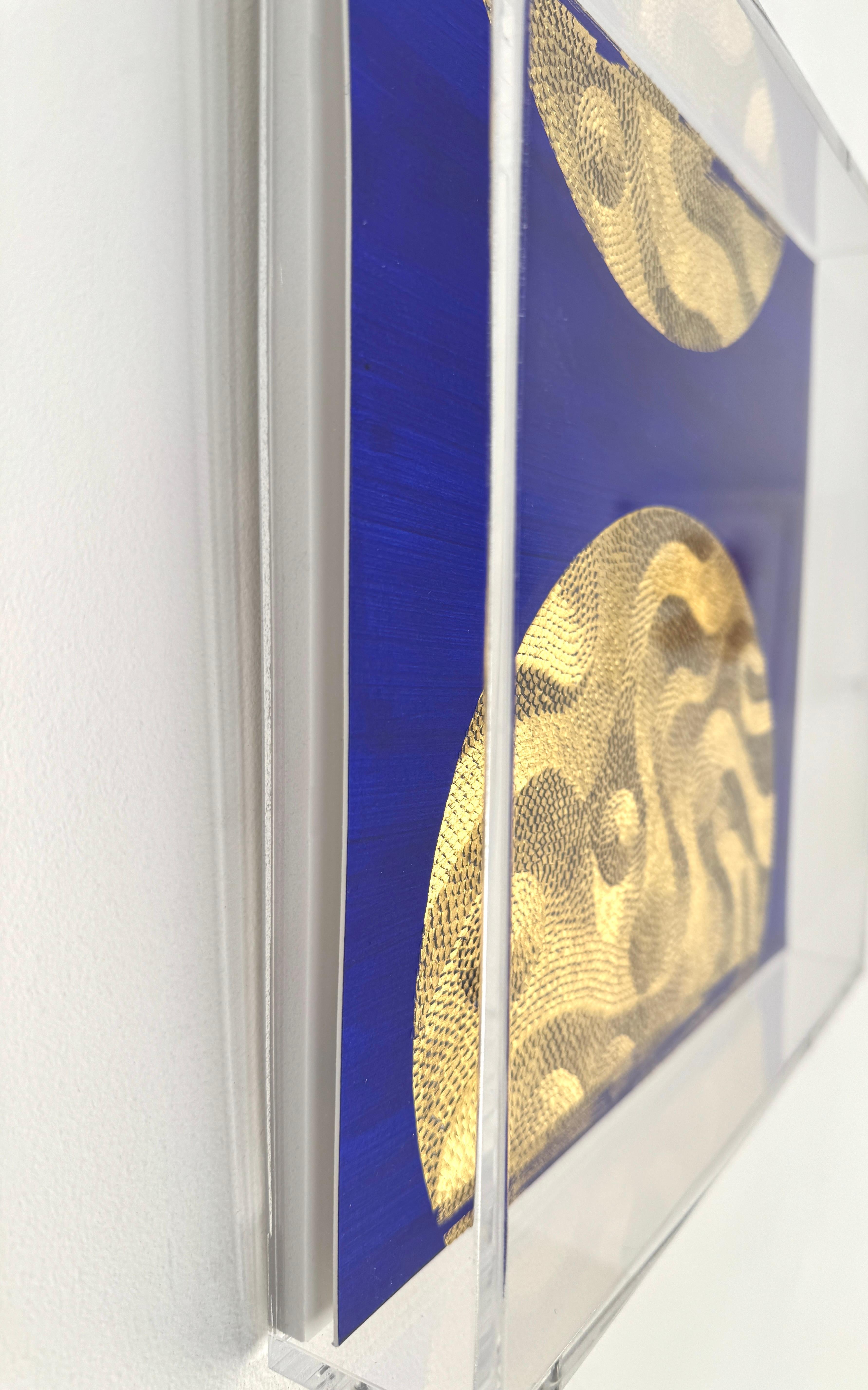 Paper Artwork, Moon w/ Gold Leaf on Blue Background, Textural, 2022 For Sale 5