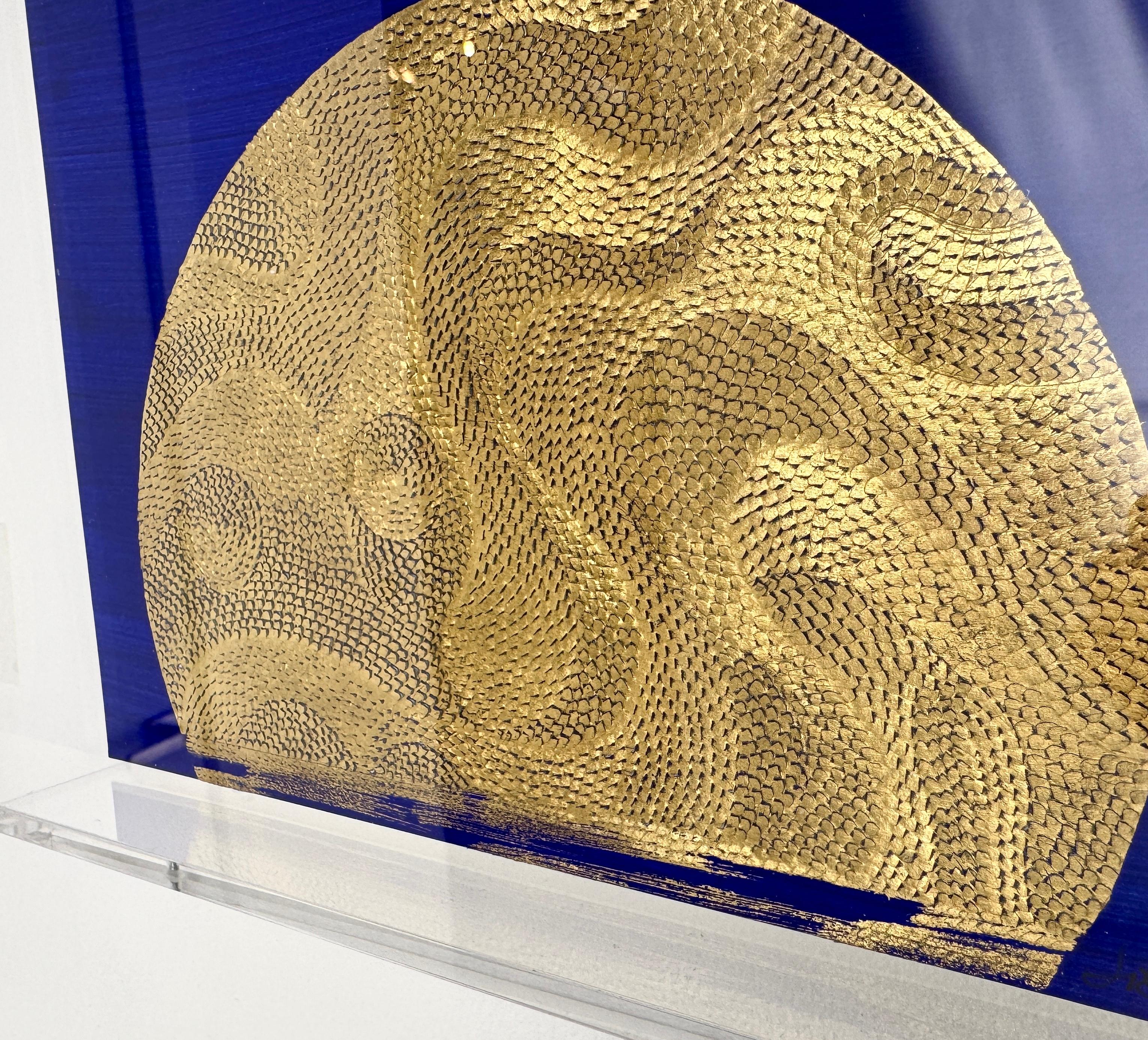 Paper Artwork, Moon w/ Gold Leaf on Blue Background, Textural, 2022 For Sale 7