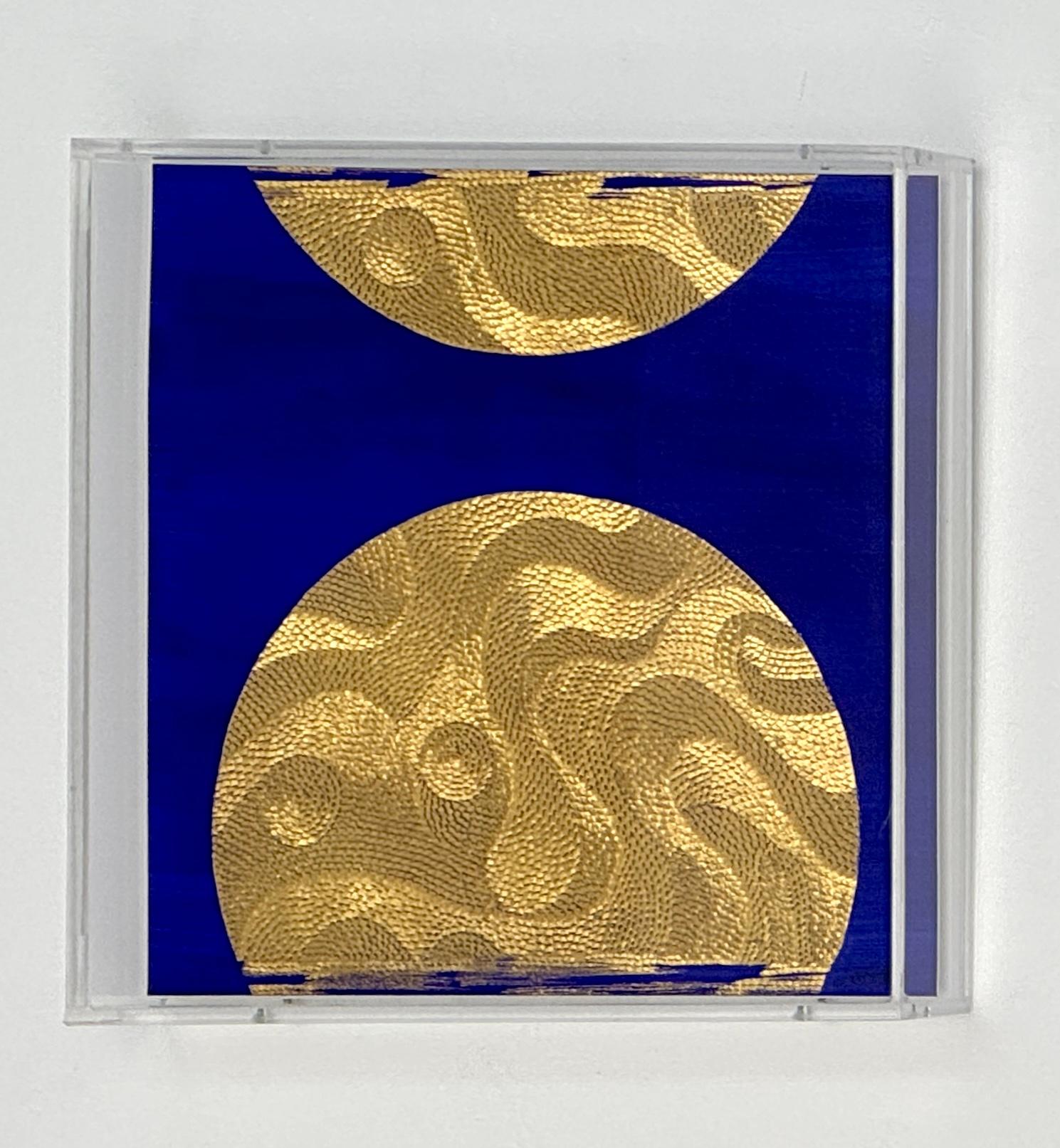 Paper Artwork, Moon w/ Gold Leaf on Blue Background, Textural, 2022 For Sale 6