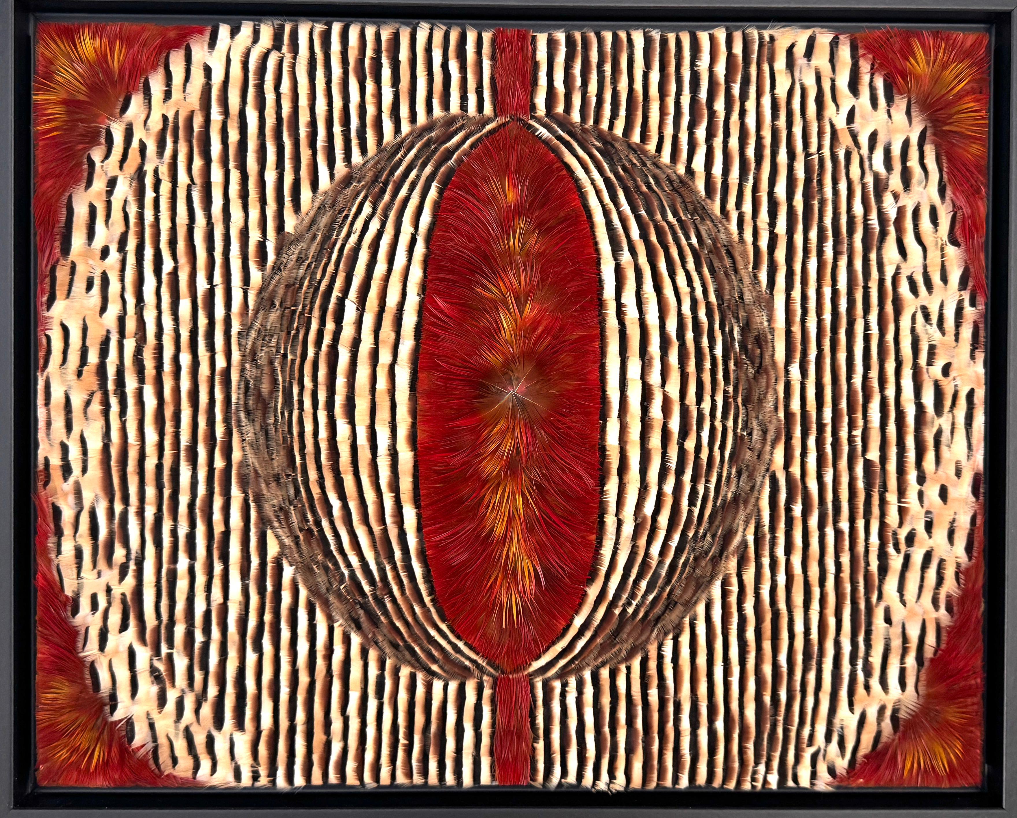 This luxurious, textural, and tactile abstract feather artwork, "Female," by Spanish artist Henar Iglesias is made with partridge and golden pheasant feathers. The work is mounted on a wood frame with no glass. This allows the viewer to interact