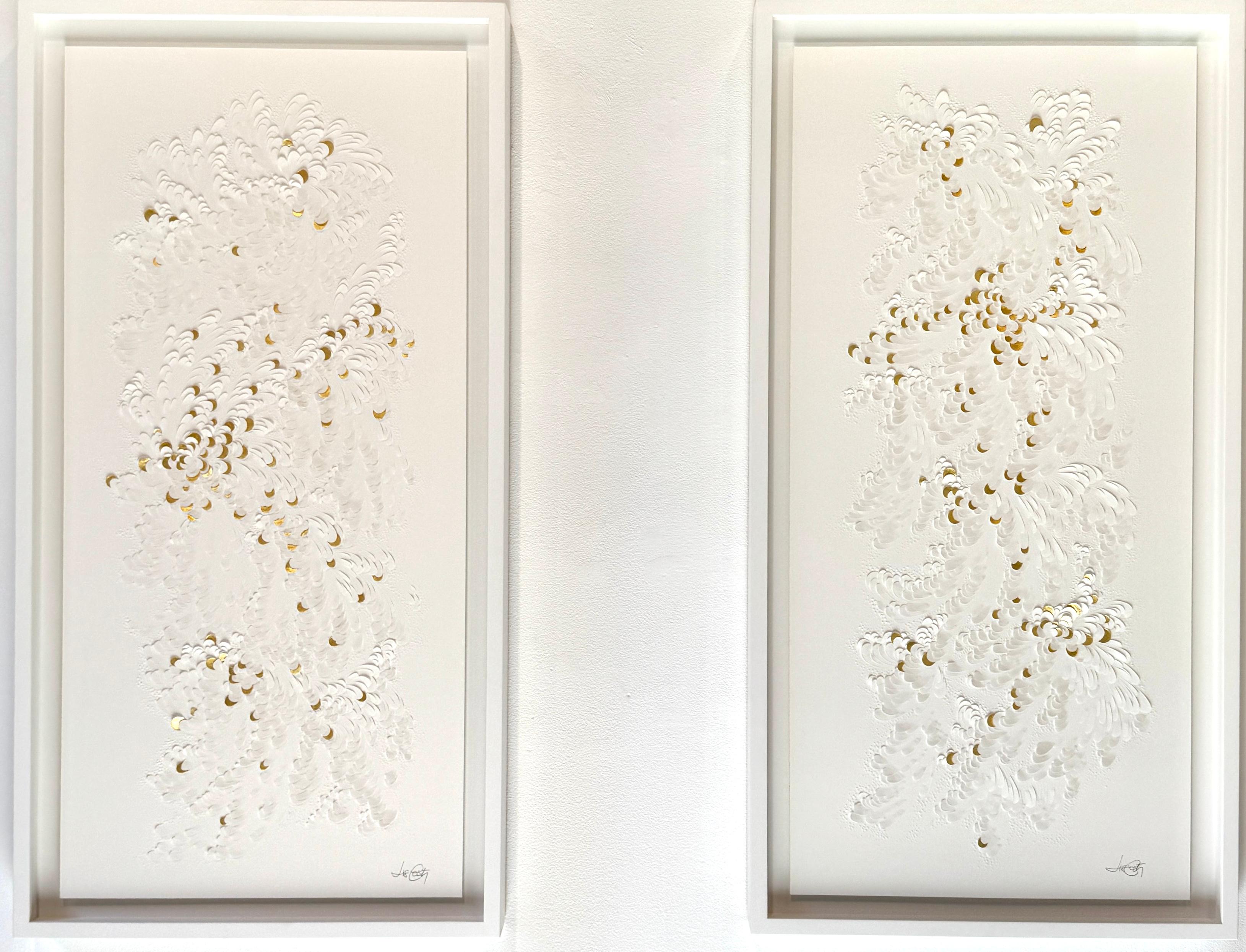 Paper Artwork, Minimalist White Texture/ Gold Leaf, Abstract Floral Patterns II For Sale 8