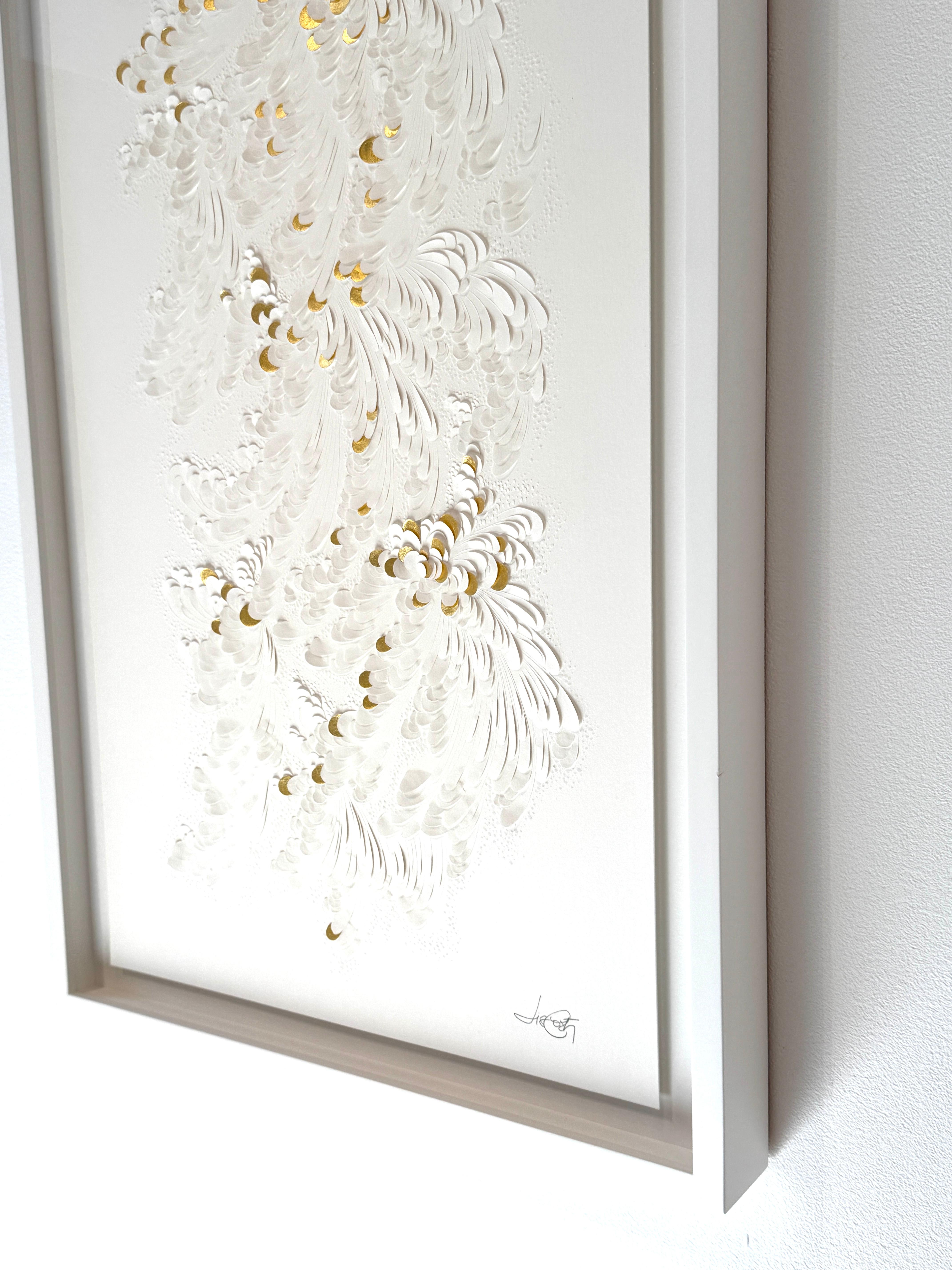 Paper Artwork, Minimalist White Texture/ Gold Leaf, Abstract Floral Patterns II For Sale 7