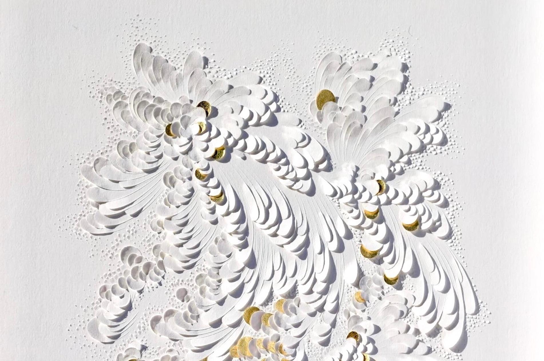 Paper Artwork, Minimalist White Texture/ Gold Leaf, Abstract Floral Patterns II For Sale 2