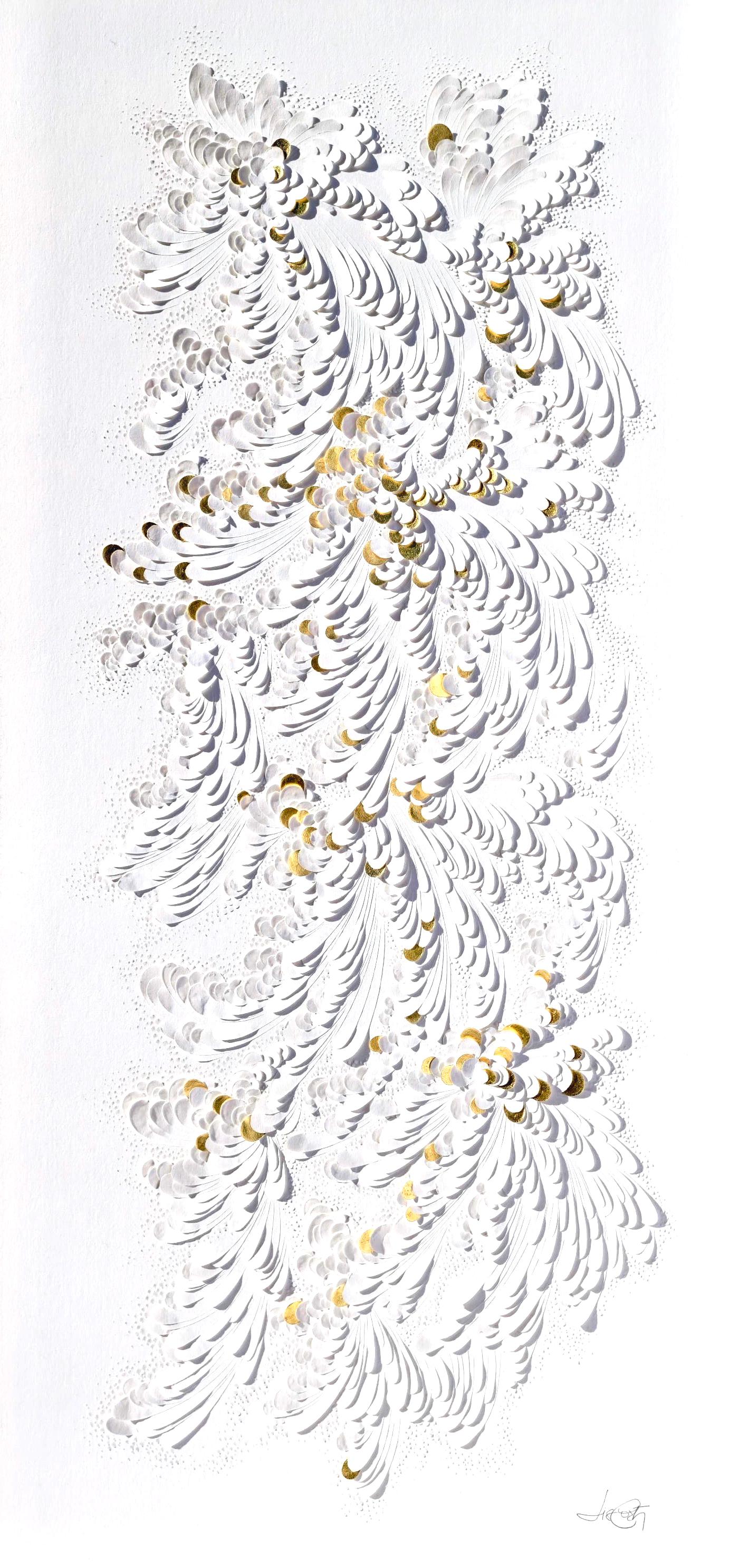 Paper Artwork, Minimalist White Texture/ Gold Leaf, Abstract Floral Patterns II For Sale 1