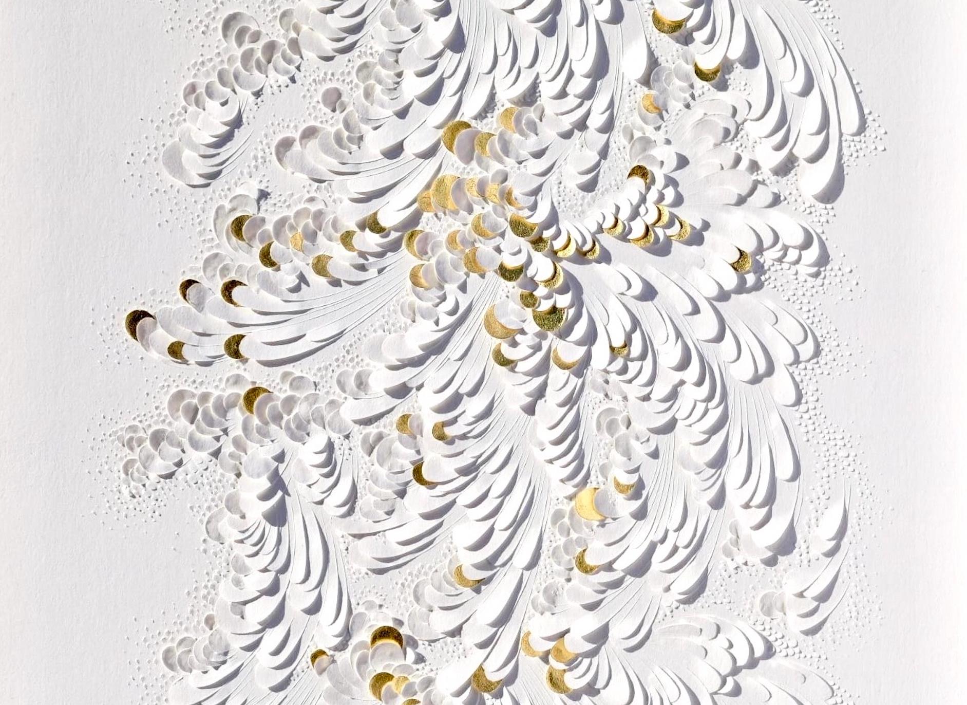 Paper Artwork, Minimalist White Texture/ Gold Leaf, Abstract Floral Patterns II For Sale 3