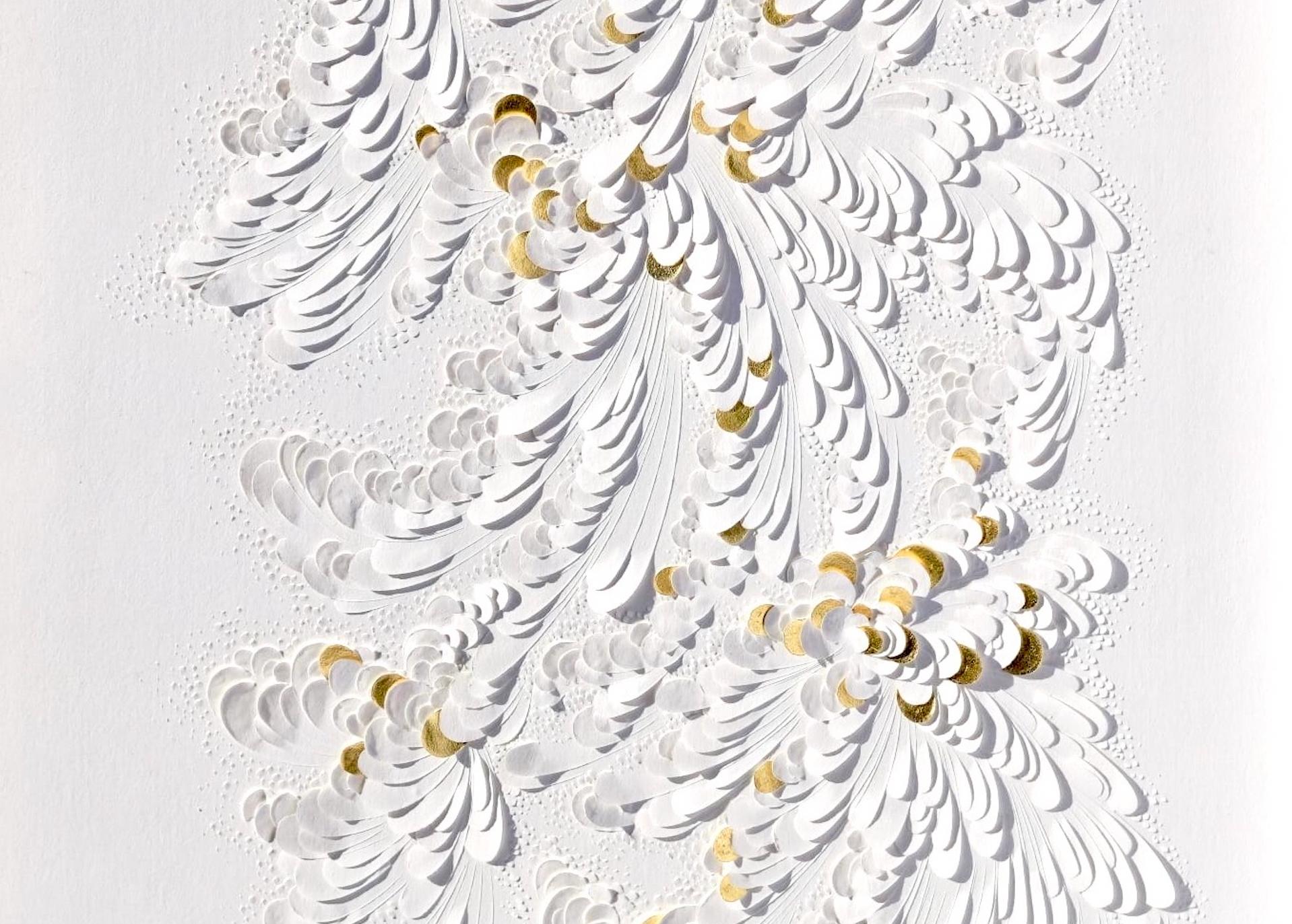 Paper Artwork, Minimalist White Texture/ Gold Leaf, Abstract Floral Patterns II For Sale 4