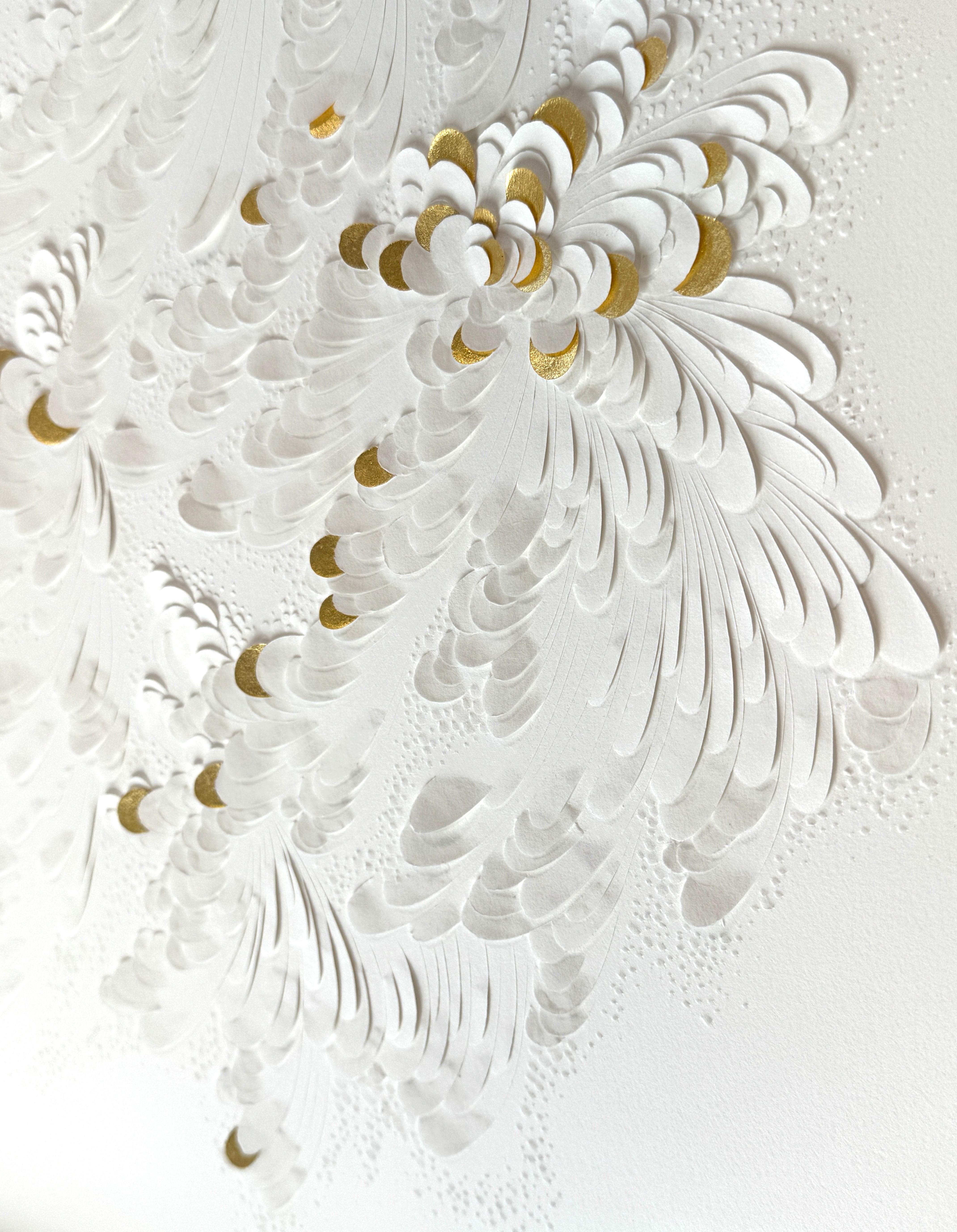 Paper Artwork, Minimalist White Texture/ Gold Leaf, Abstract Floral Patterns II For Sale 9