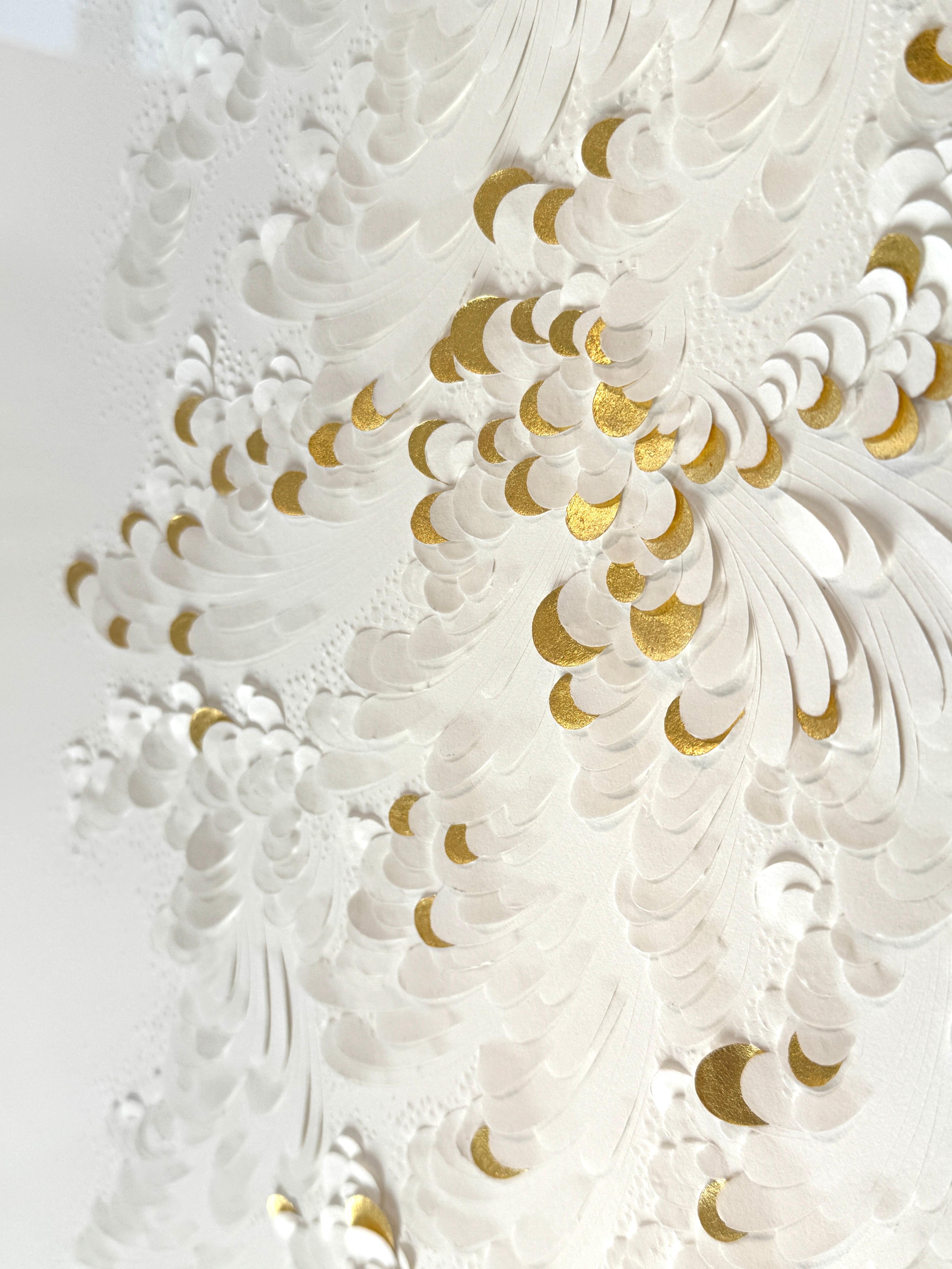 Paper Artwork, Minimalist White Texture/ Gold Leaf, Abstract Floral Patterns II For Sale 10