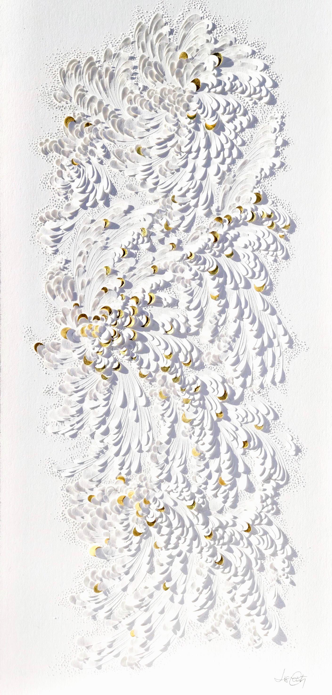 Paper Artwork, Minimalist White Texture/ Gold Leaf, Abstract Floral Patterns I For Sale 1