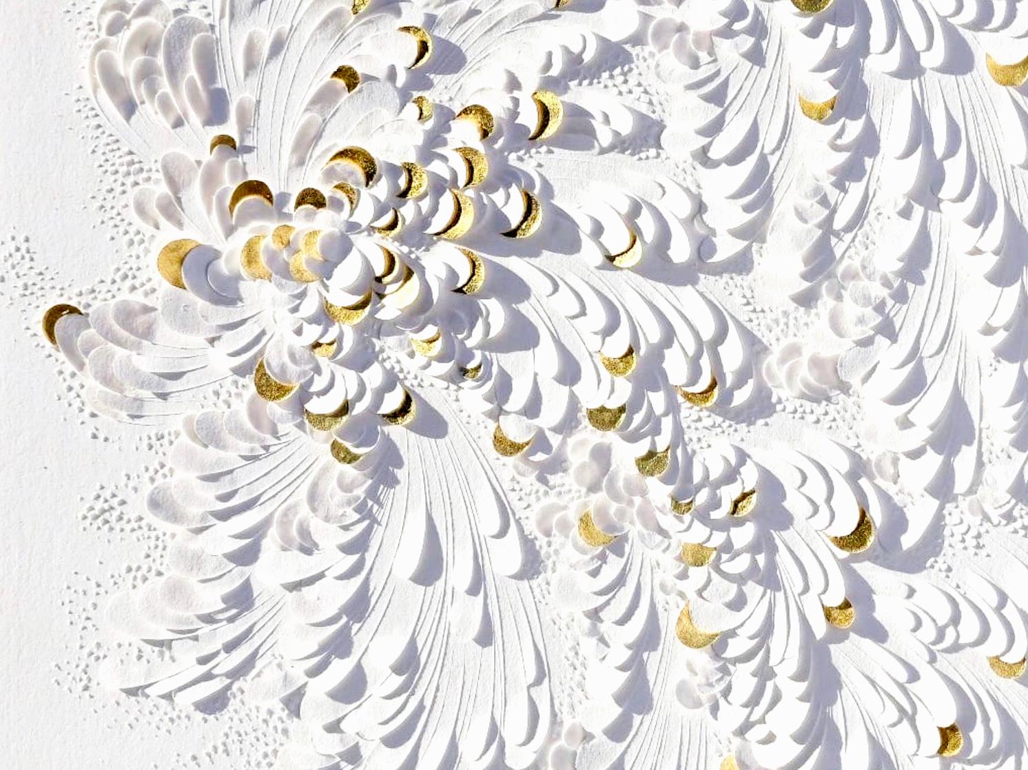 Paper Artwork, Minimalist White Texture/ Gold Leaf, Abstract Floral Patterns I For Sale 2