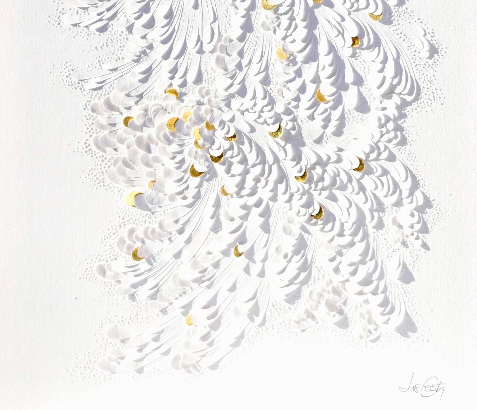 Paper Artwork, Minimalist White Texture/ Gold Leaf, Abstract Floral Patterns I For Sale 6