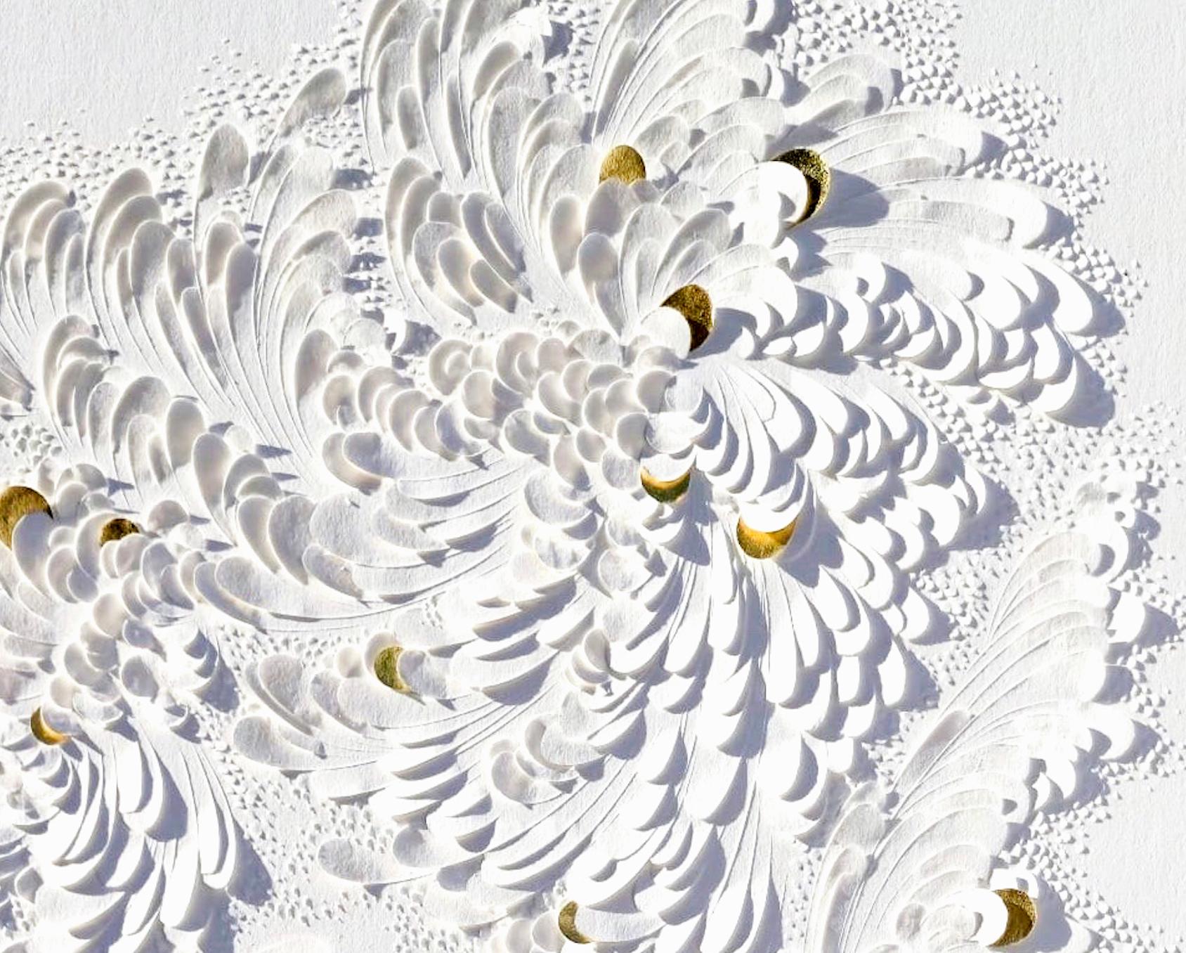Paper Artwork, Minimalist White Texture/ Gold Leaf, Abstract Floral Patterns I For Sale 7
