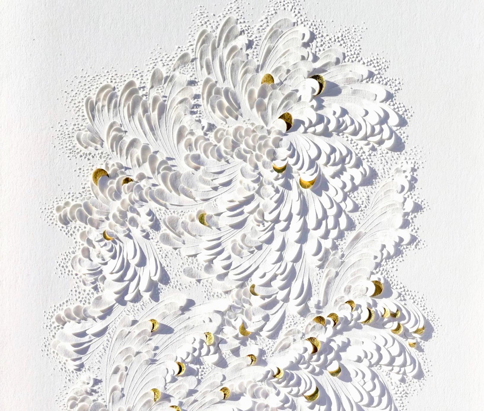 Paper Artwork, Minimalist White Texture/ Gold Leaf, Abstract Floral Patterns I For Sale 4